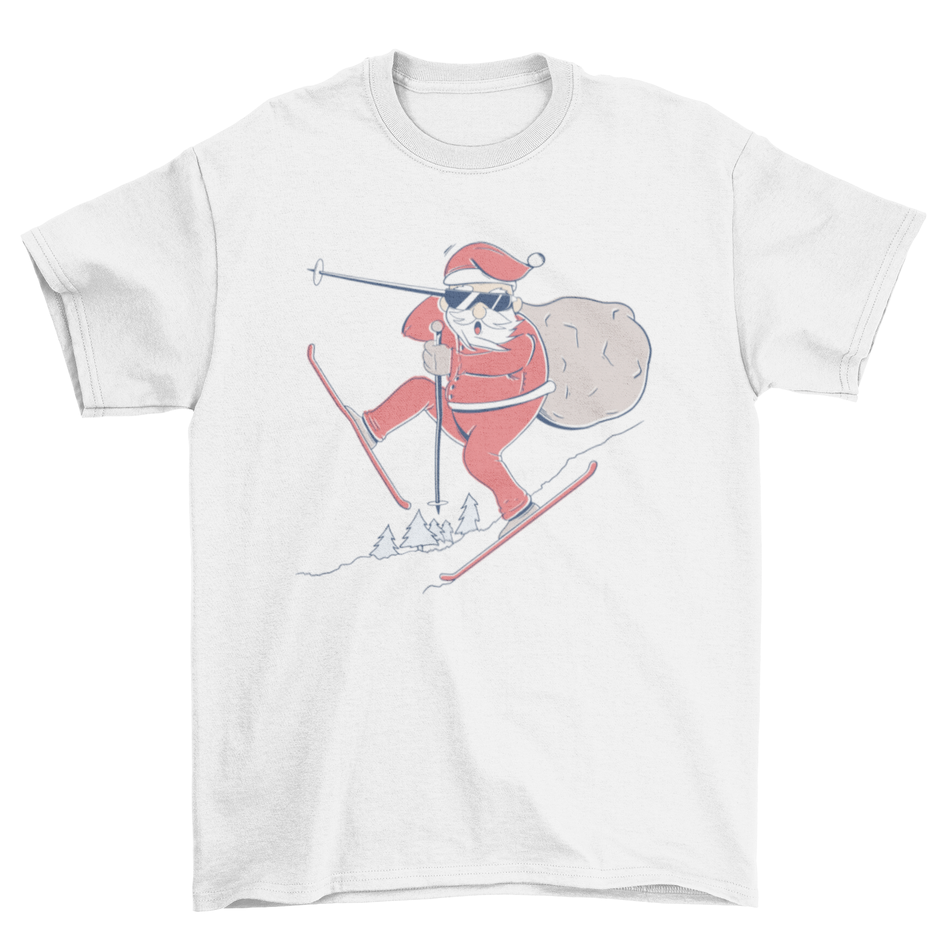 Santa Claus skiing with a bag of gifts on a t-shirt design.