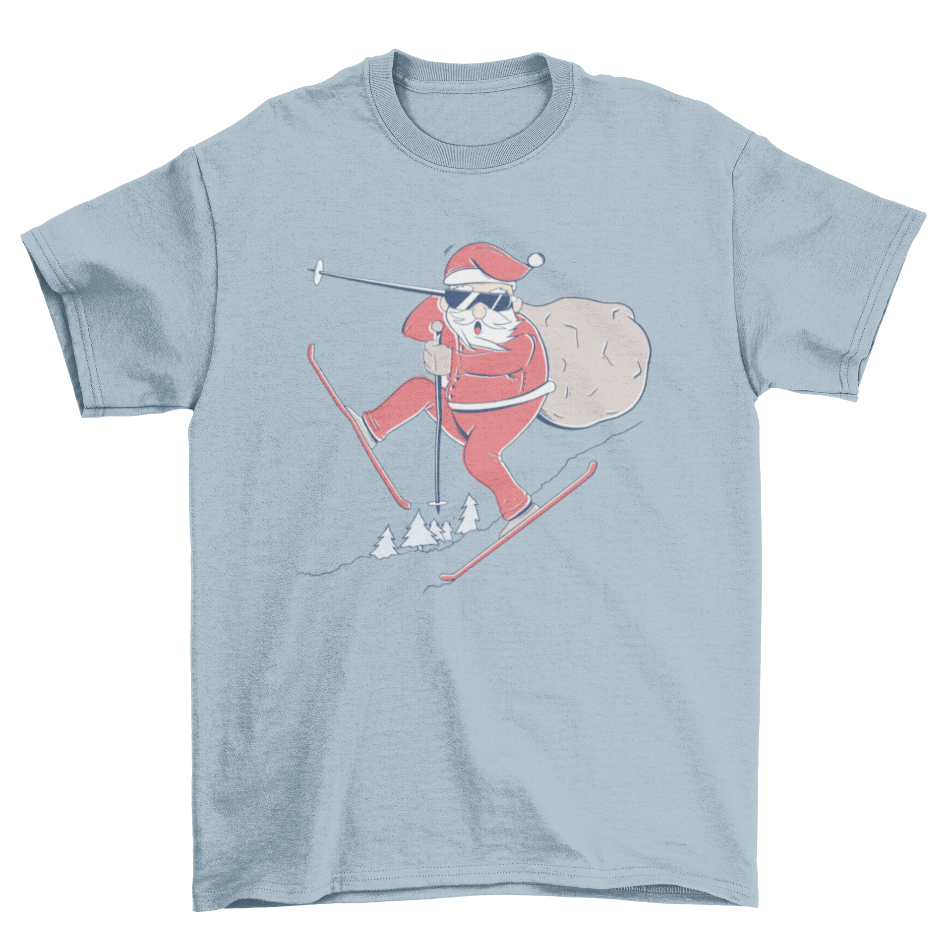 Santa Claus skiing with a bag of gifts on a t-shirt design.