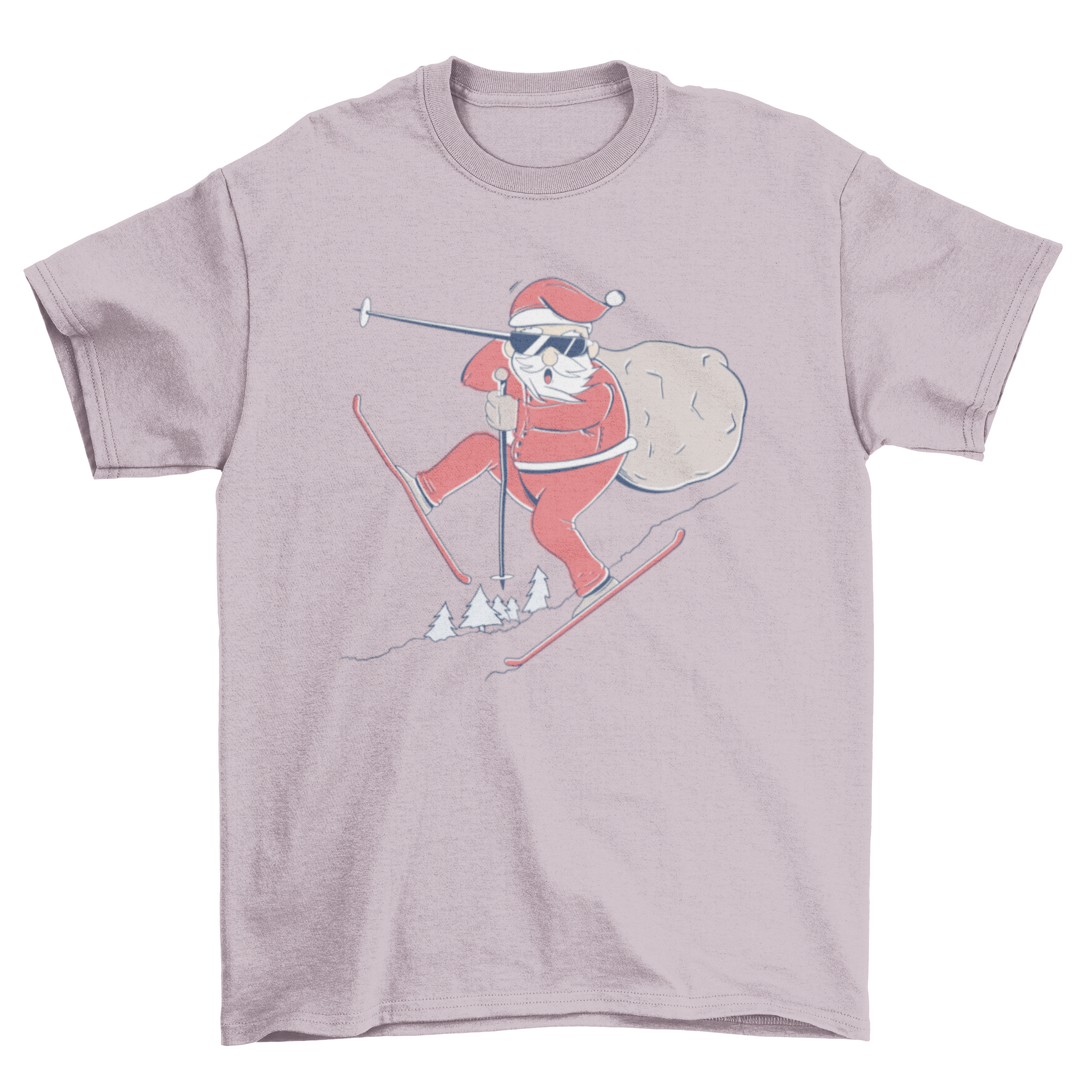 Santa Claus skiing with a bag of gifts on a t-shirt design.