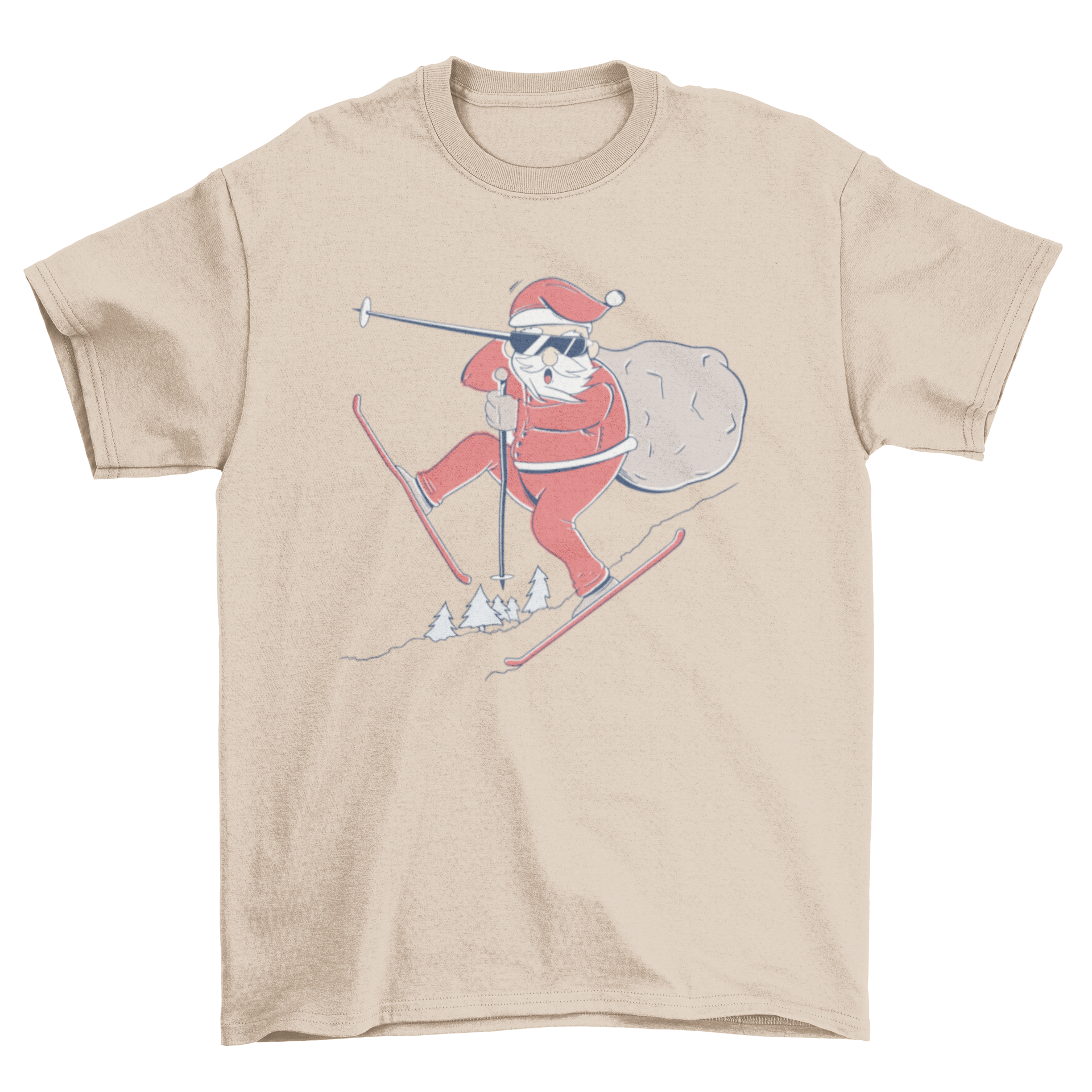 Santa Claus skiing with a bag of gifts on a t-shirt design.