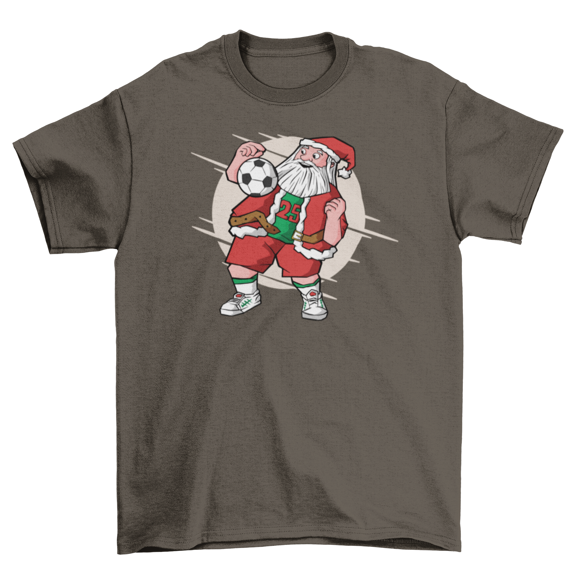 A festive Santa Claus illustration playing soccer on a t-shirt, showcasing holiday spirit and sports enthusiasm.