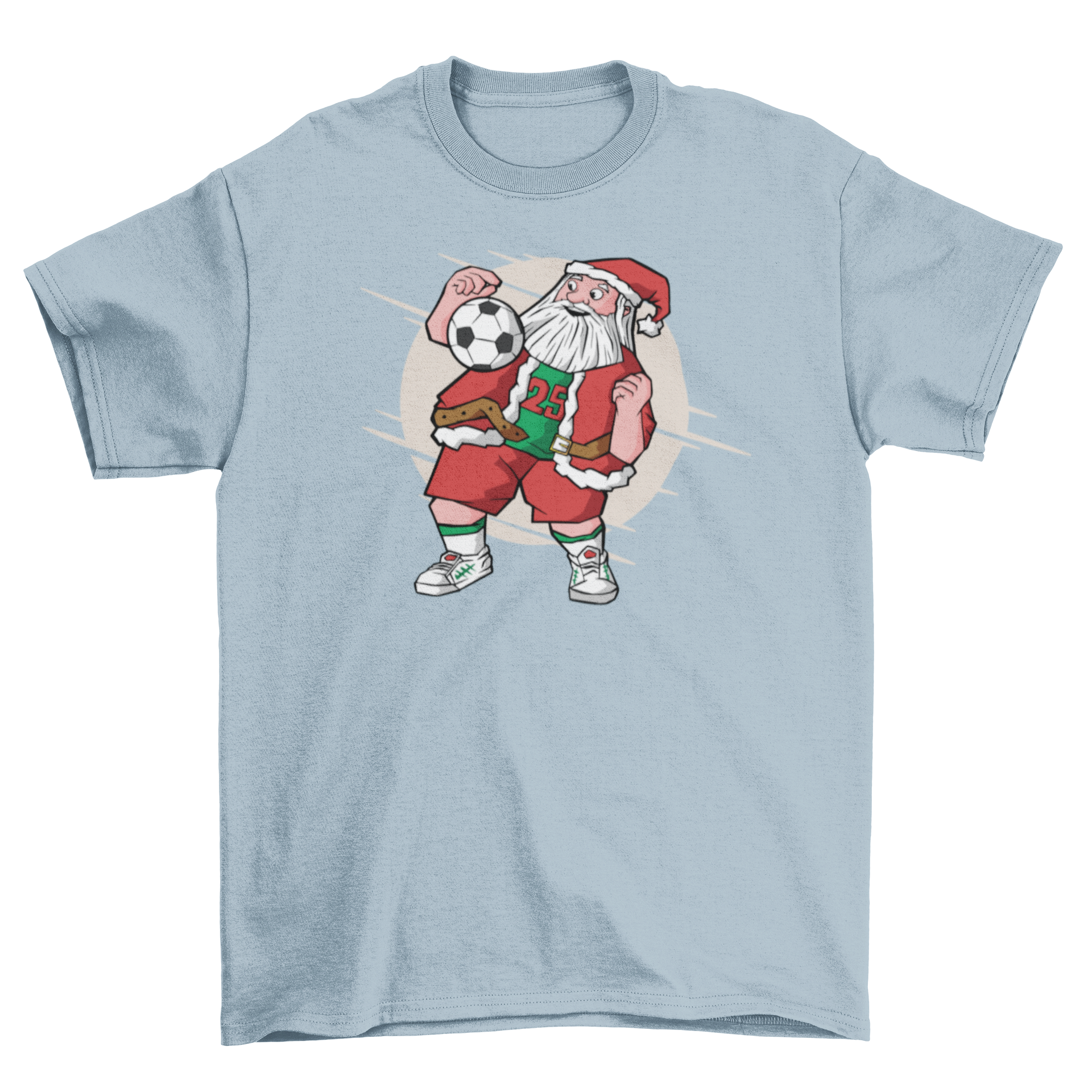 A festive Santa Claus illustration playing soccer on a t-shirt, showcasing holiday spirit and sports enthusiasm.