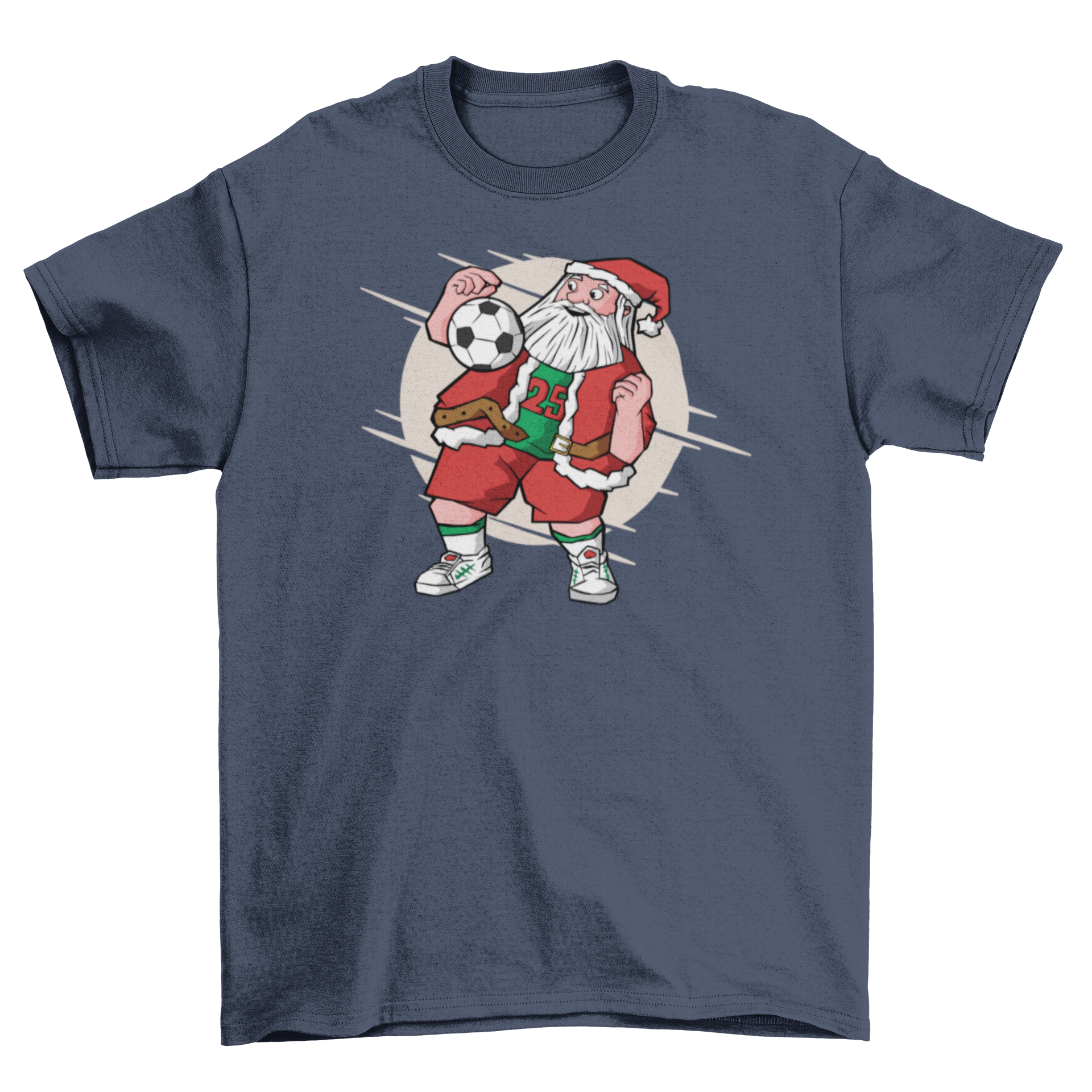 A festive Santa Claus illustration playing soccer on a t-shirt, showcasing holiday spirit and sports enthusiasm.