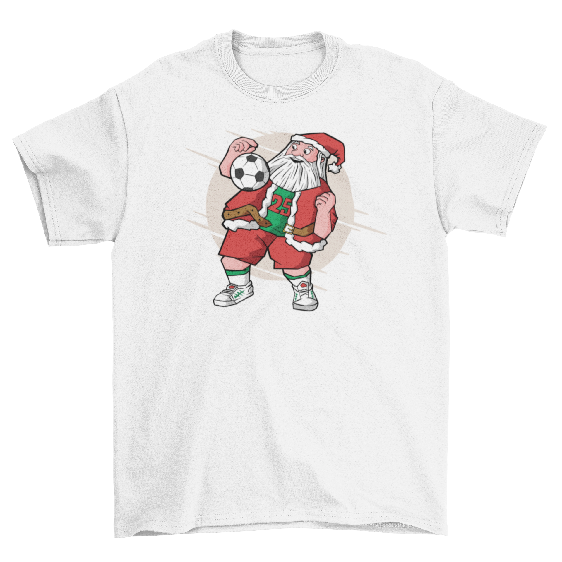 A festive Santa Claus illustration playing soccer on a t-shirt, showcasing holiday spirit and sports enthusiasm.