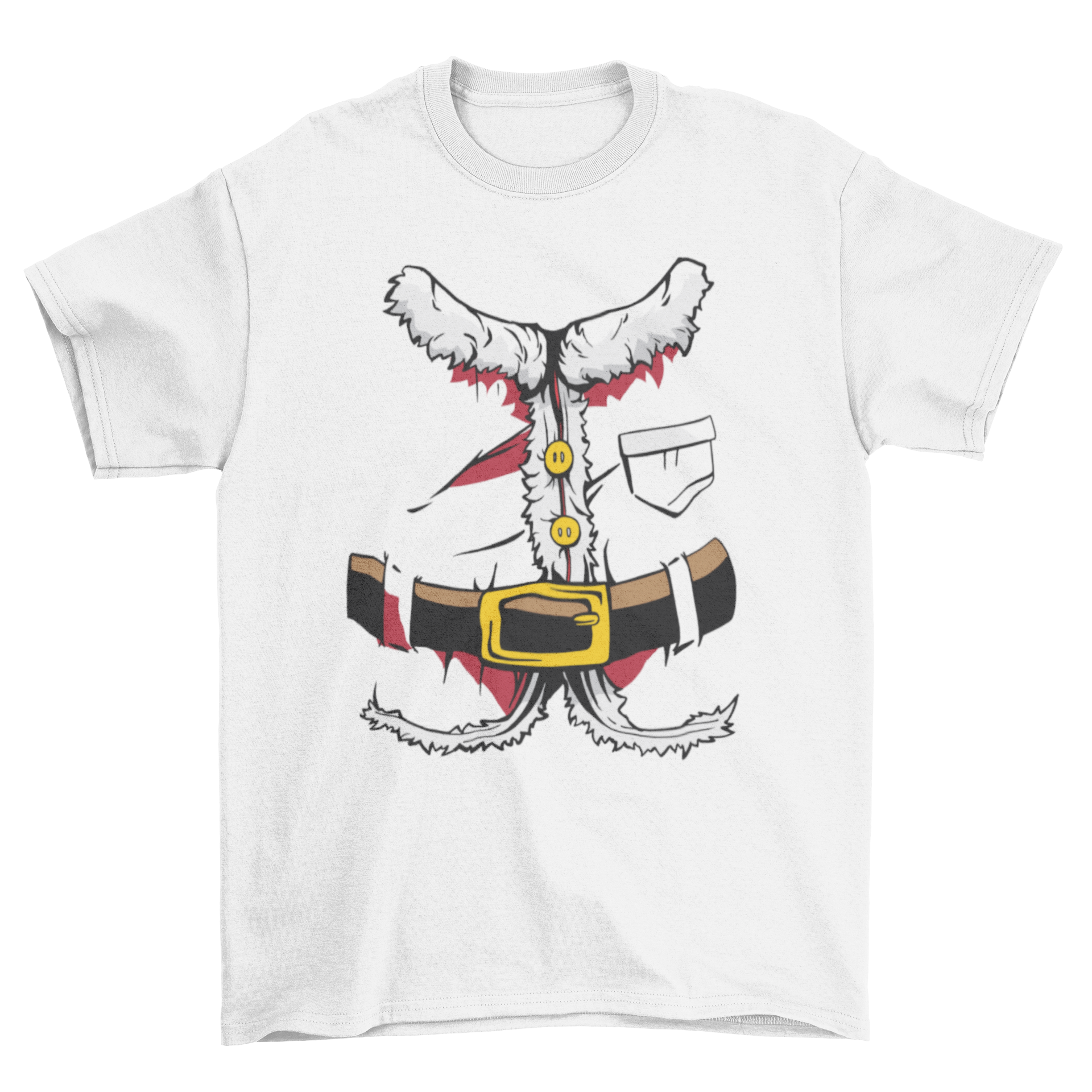 A festive Santa suit t-shirt featuring a colorful illustration of Santa Claus's outfit, perfect for holiday celebrations.