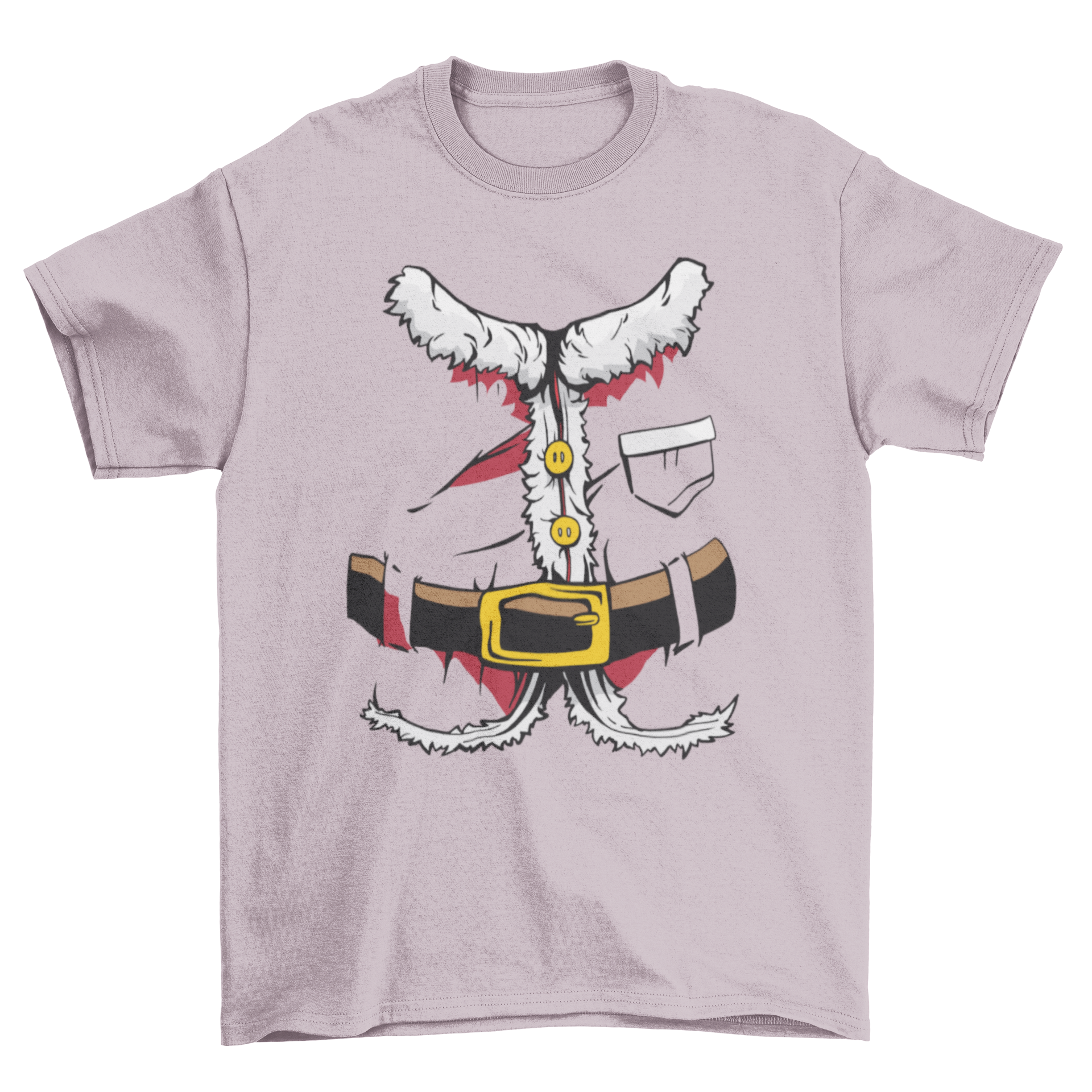 A festive Santa suit t-shirt featuring a colorful illustration of Santa Claus's outfit, perfect for holiday celebrations.