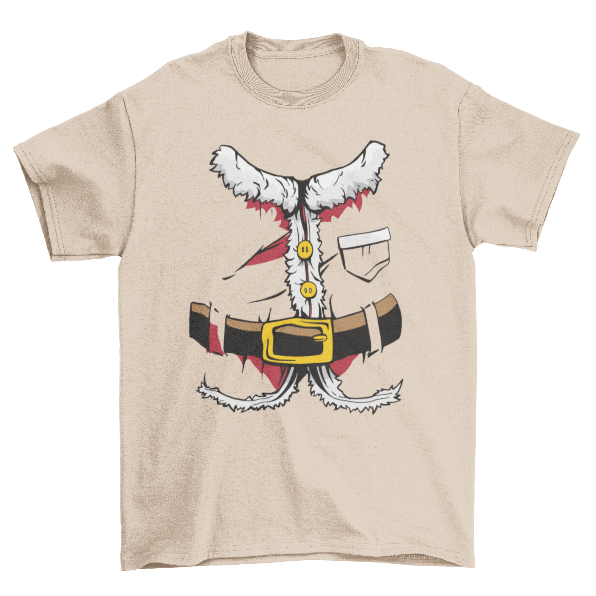 A festive Santa suit t-shirt featuring a colorful illustration of Santa Claus's outfit, perfect for holiday celebrations.