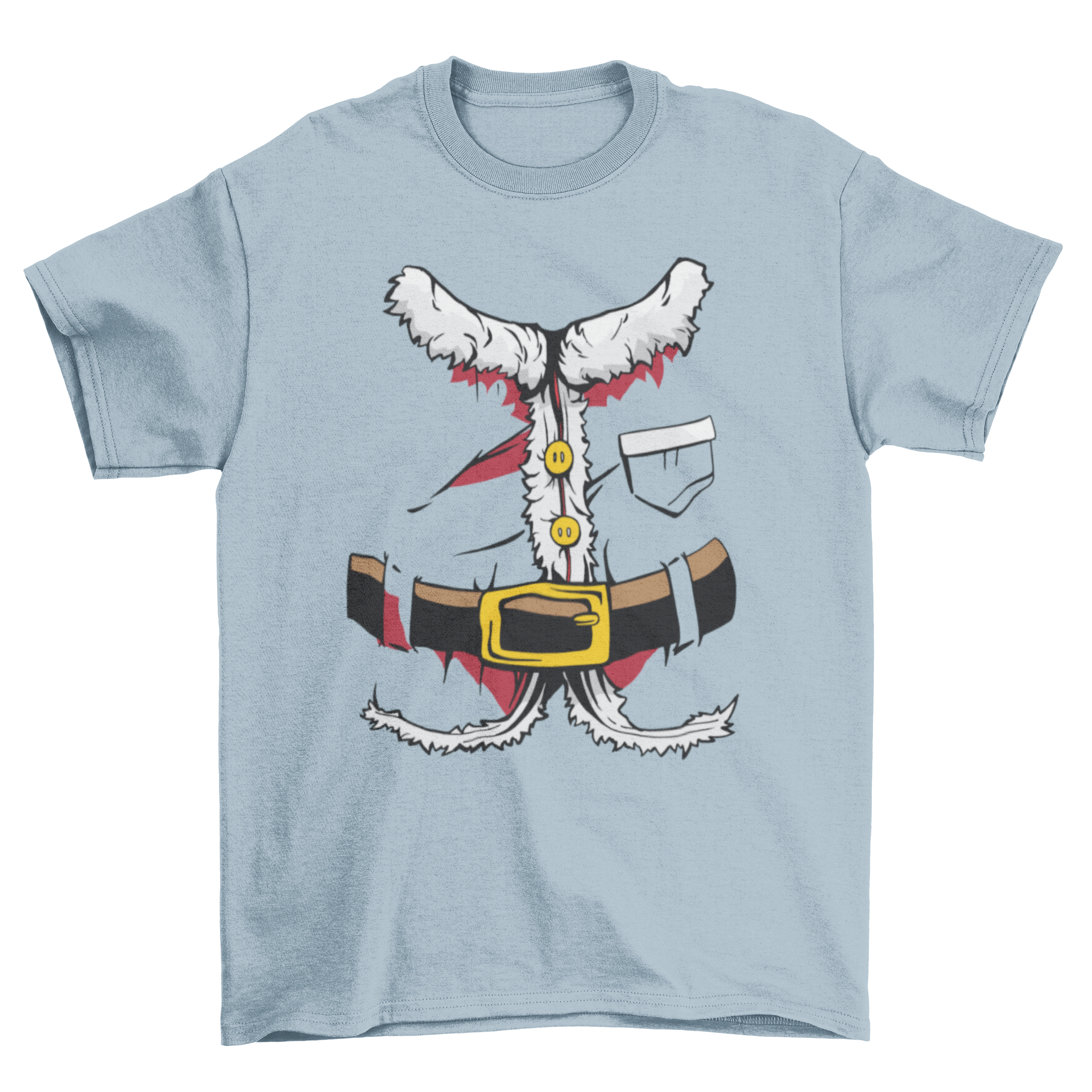 A festive Santa suit t-shirt featuring a colorful illustration of Santa Claus's outfit, perfect for holiday celebrations.