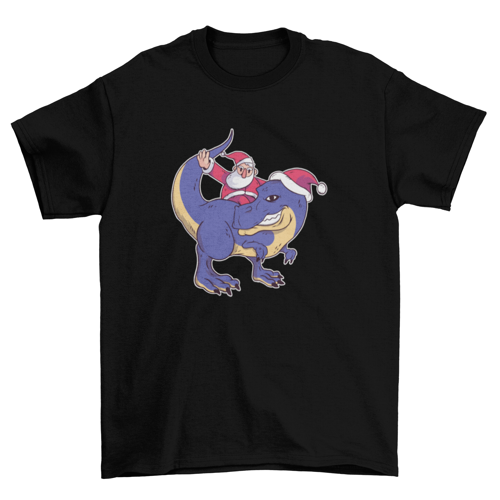 A festive Santa T-Rex T-shirt featuring Santa Claus riding a dinosaur wearing a Christmas hat, perfect for holiday celebrations.