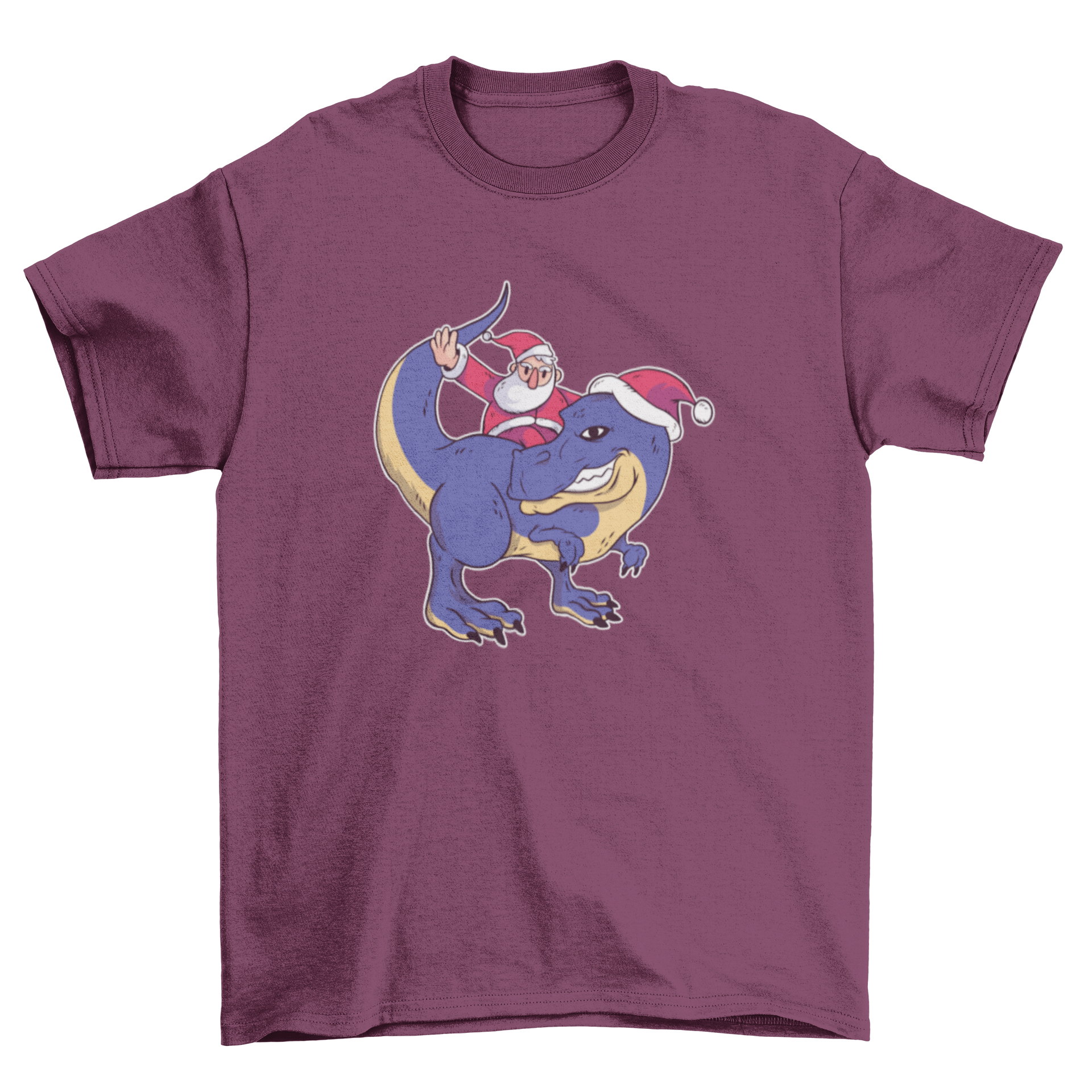 A festive Santa T-Rex T-shirt featuring Santa Claus riding a dinosaur wearing a Christmas hat, perfect for holiday celebrations.