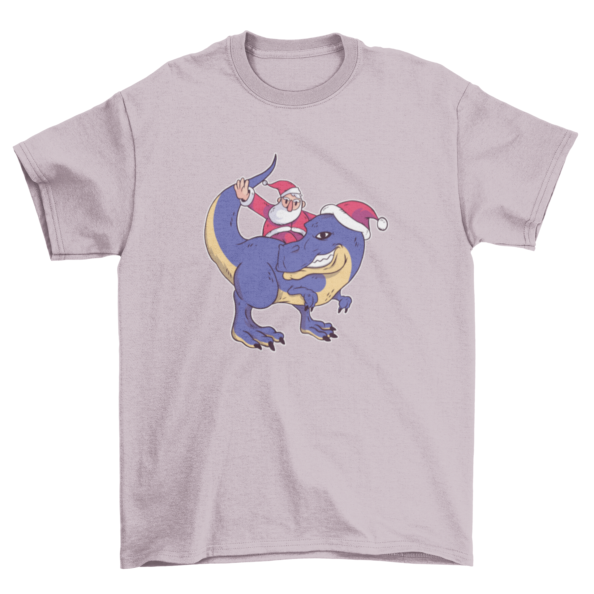 A festive Santa T-Rex T-shirt featuring Santa Claus riding a dinosaur wearing a Christmas hat, perfect for holiday celebrations.