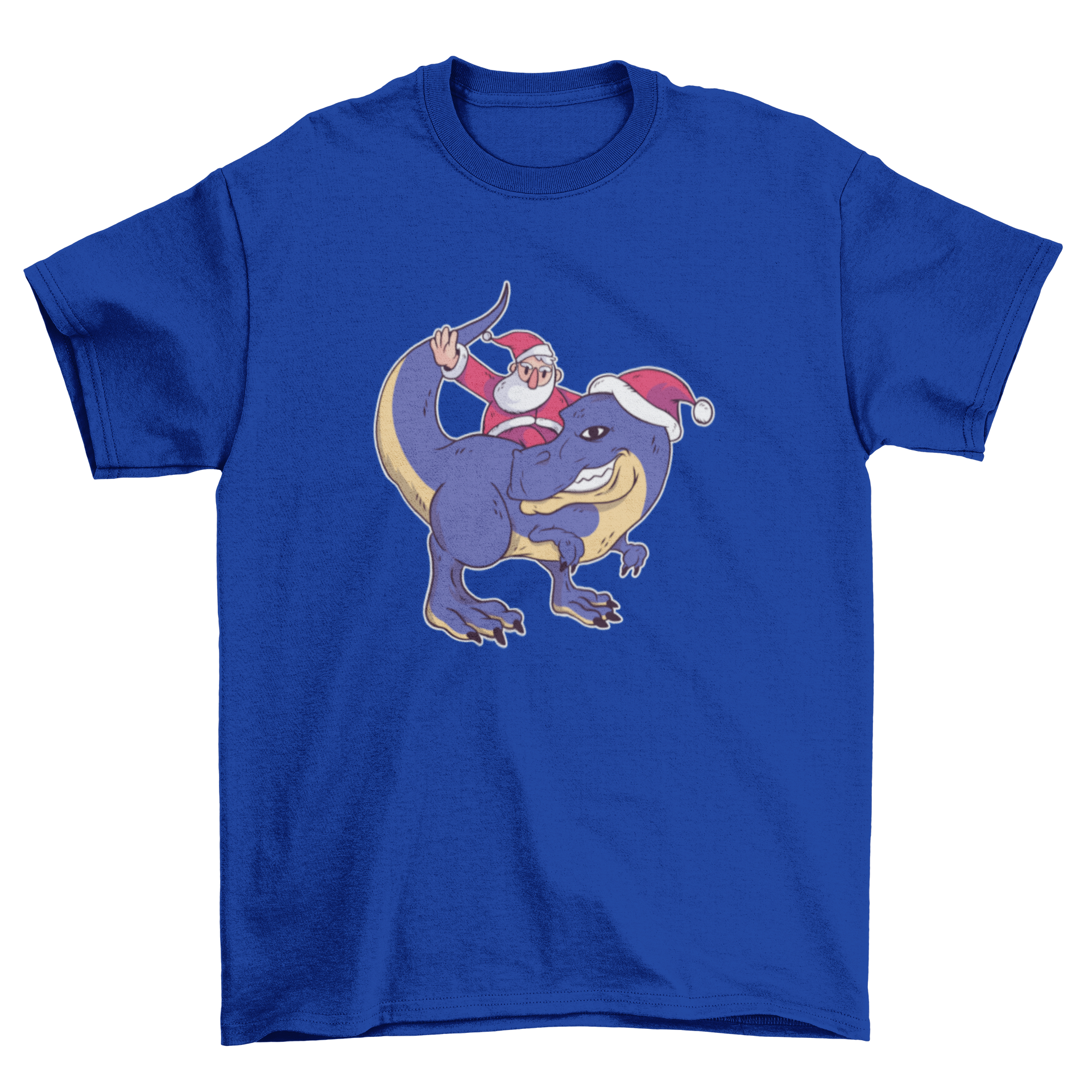 A festive Santa T-Rex T-shirt featuring Santa Claus riding a dinosaur wearing a Christmas hat, perfect for holiday celebrations.