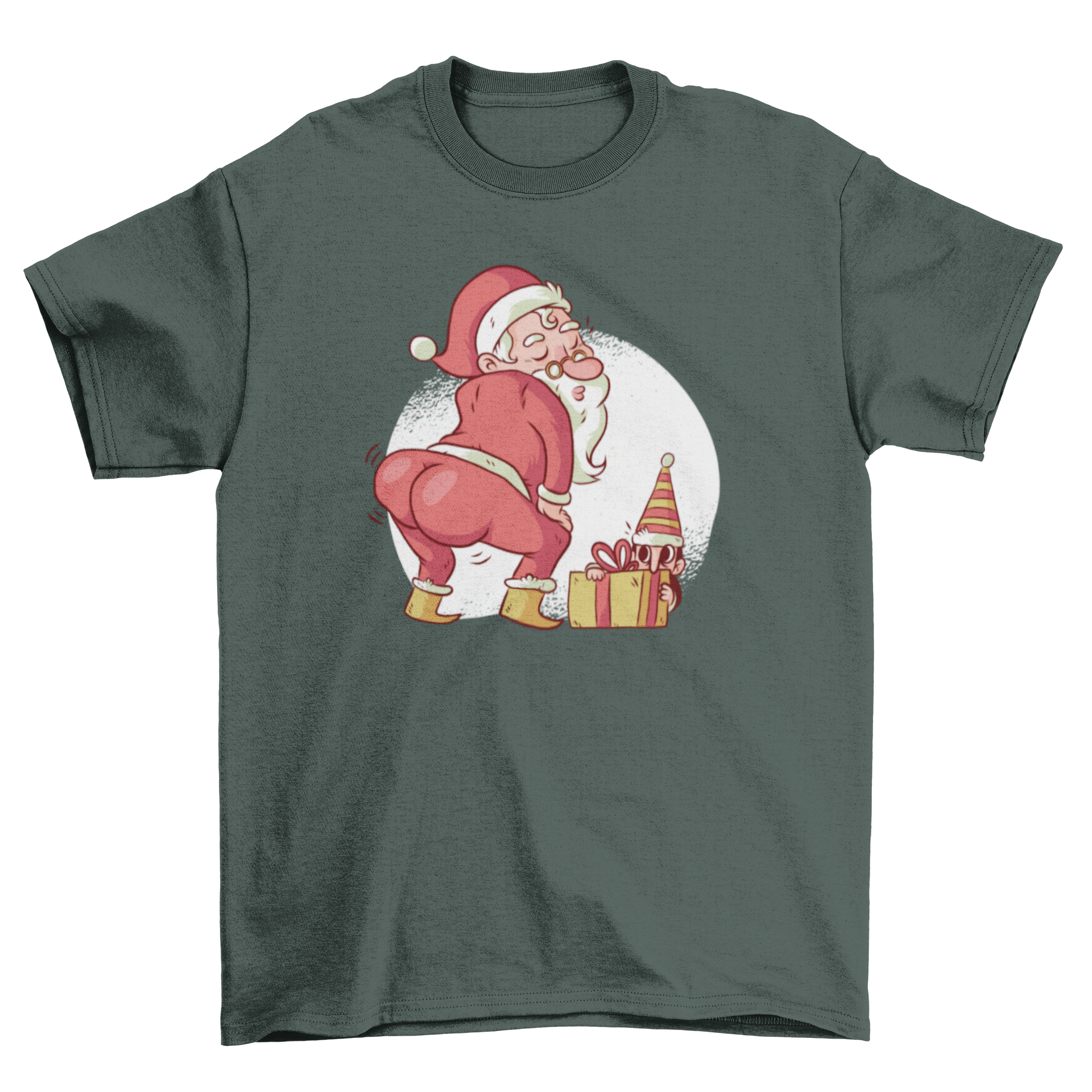 A humorous cartoon design of Santa twerking with an elf smiling behind a colorful gift box, perfect for Christmas.