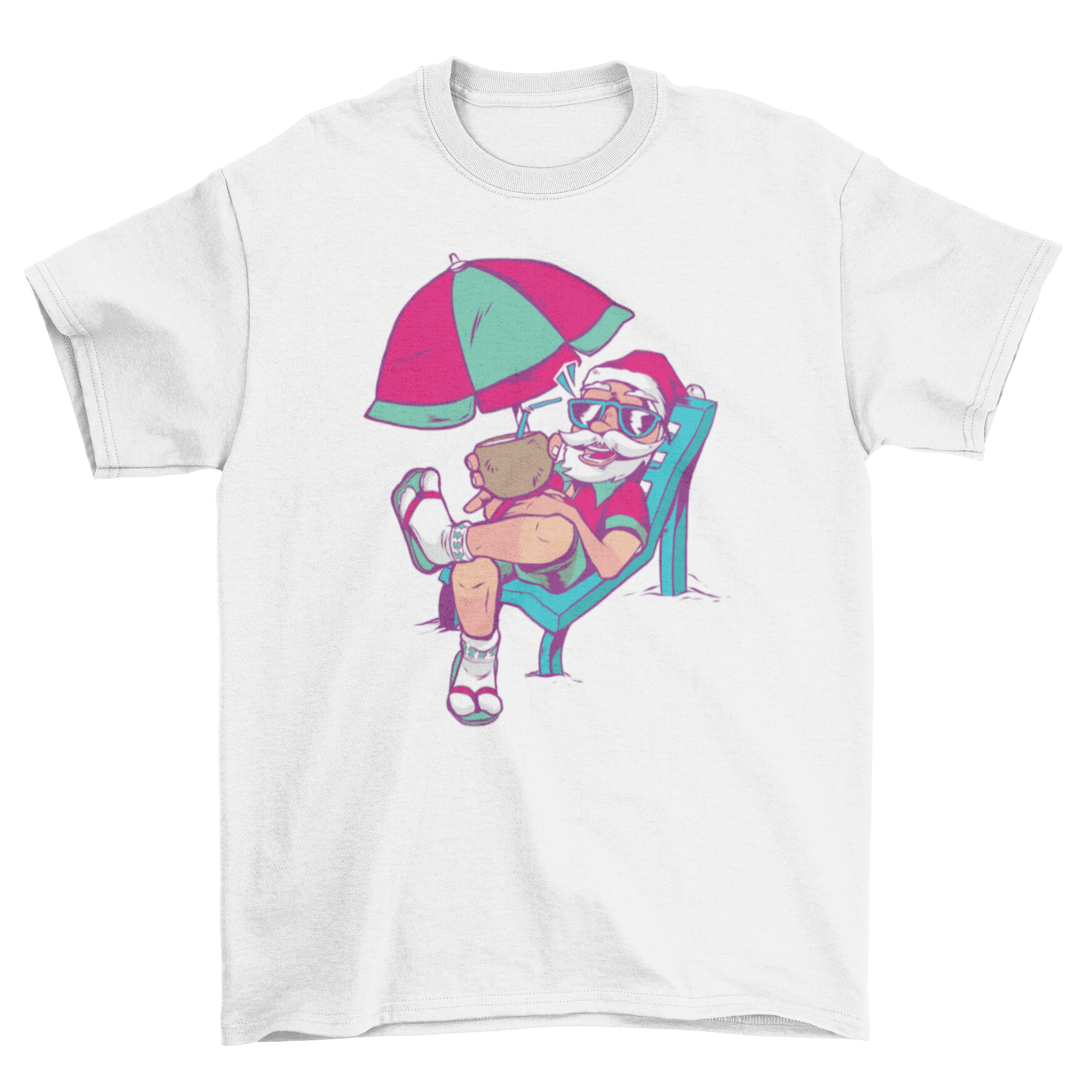 Funny Santa t-shirt design featuring Santa relaxing on vacation under a beach umbrella, wearing sunglasses and a summer outfit.