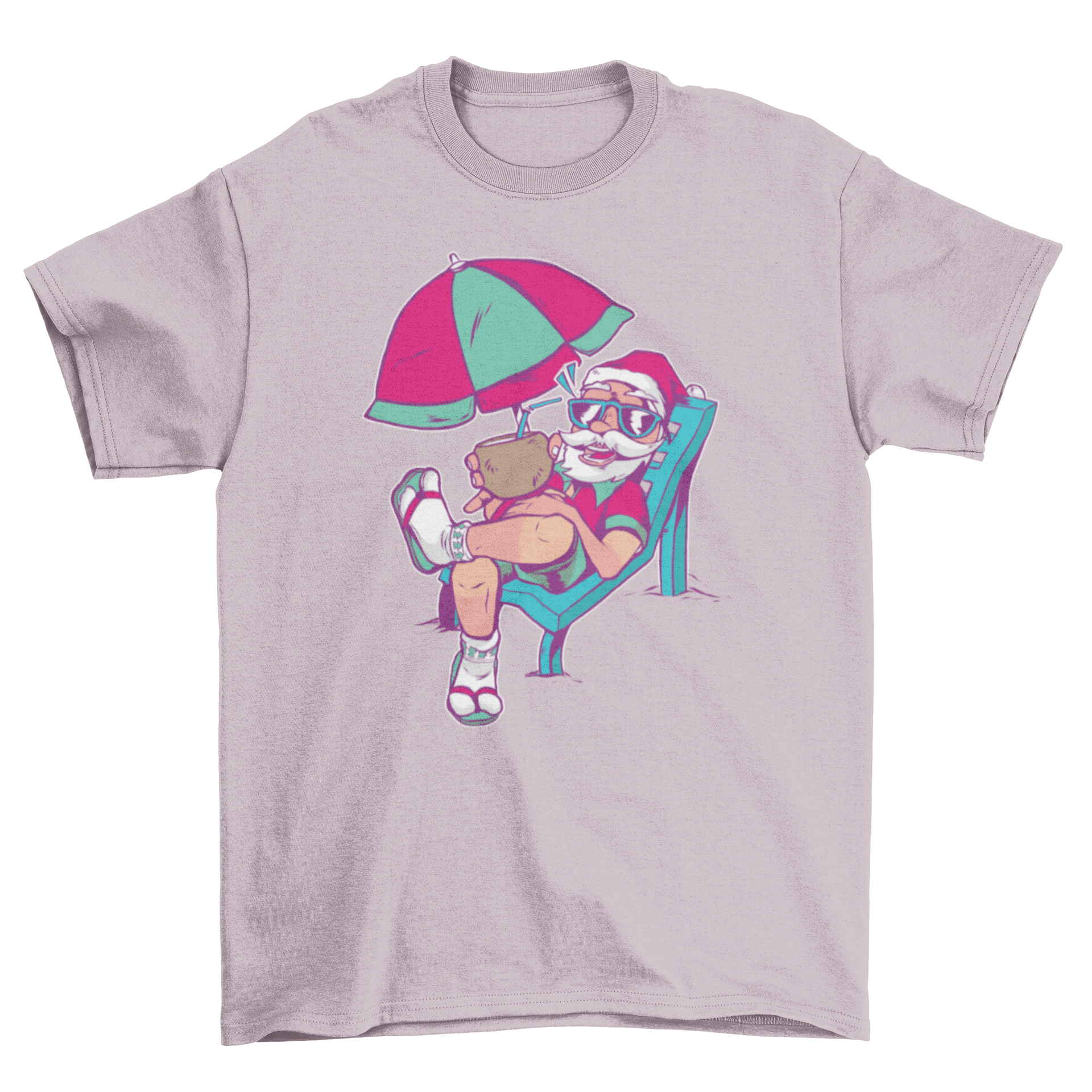 Funny Santa t-shirt design featuring Santa relaxing on vacation under a beach umbrella, wearing sunglasses and a summer outfit.