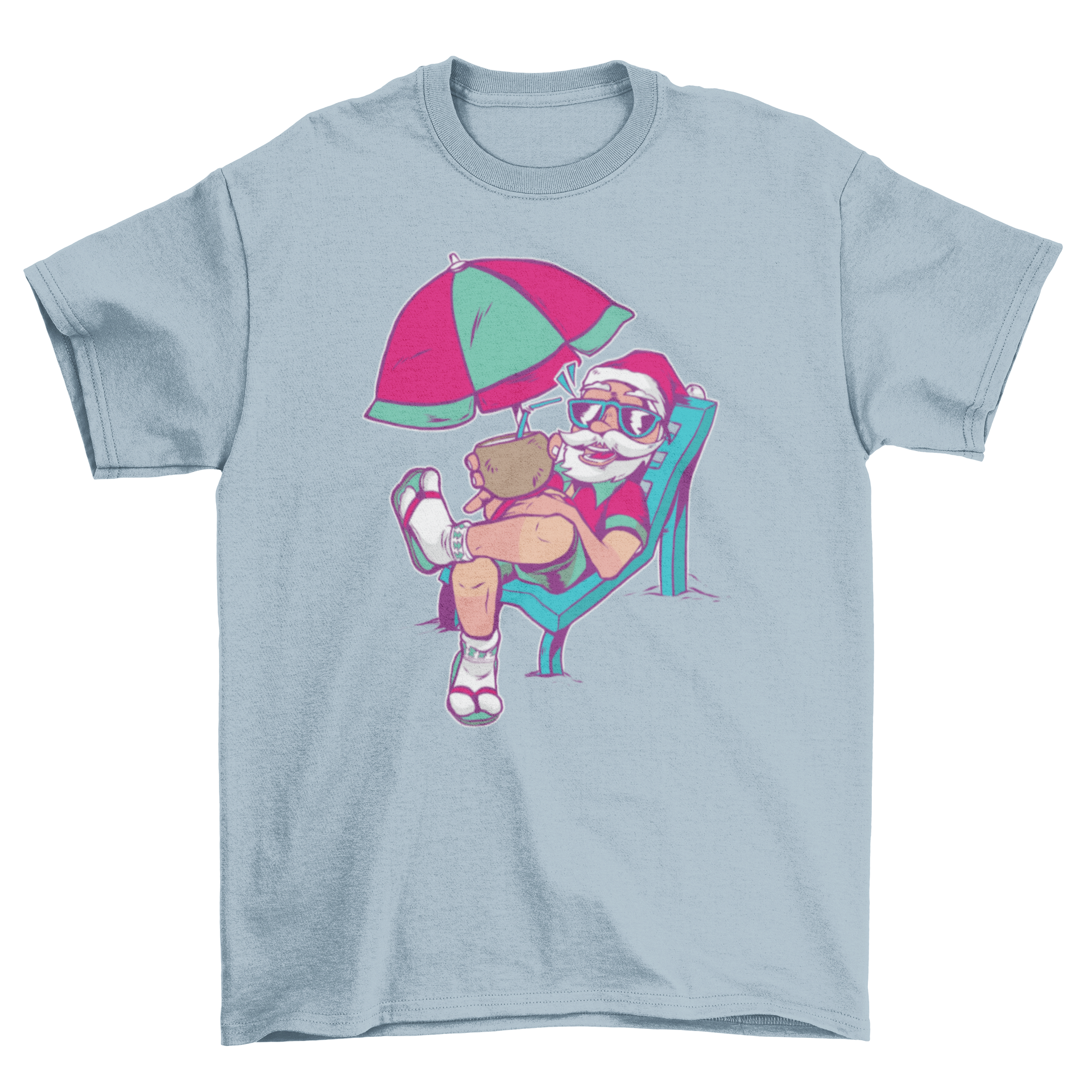 Funny Santa t-shirt design featuring Santa relaxing on vacation under a beach umbrella, wearing sunglasses and a summer outfit.