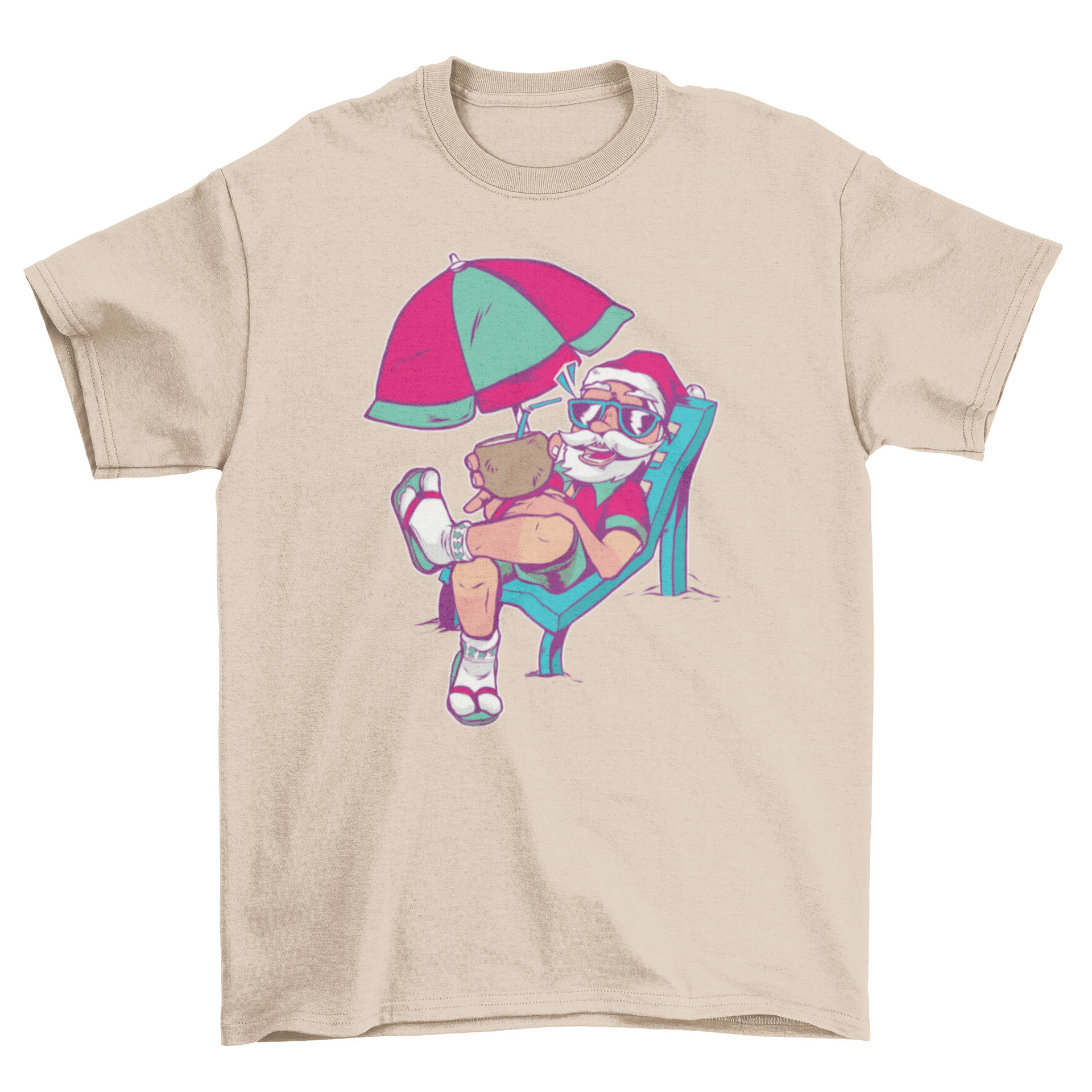 Funny Santa t-shirt design featuring Santa relaxing on vacation under a beach umbrella, wearing sunglasses and a summer outfit.