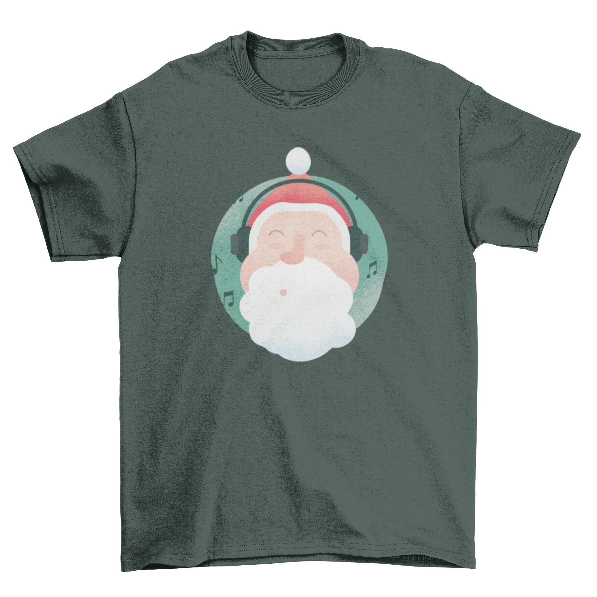 A festive t-shirt featuring Santa Claus wearing a headset, surrounded by musical notes, perfect for holiday celebrations.