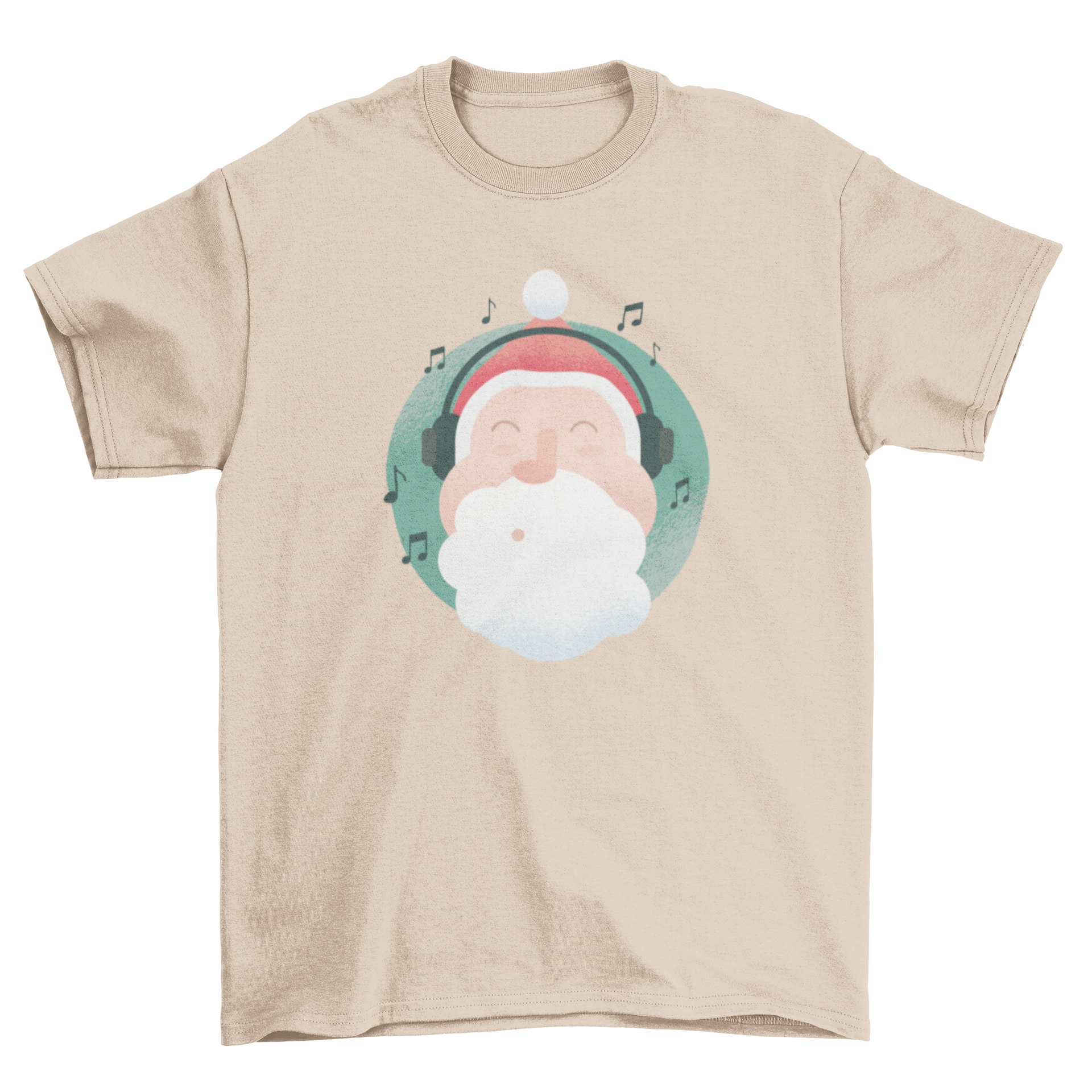 A festive t-shirt featuring Santa Claus wearing a headset, surrounded by musical notes, perfect for holiday celebrations.