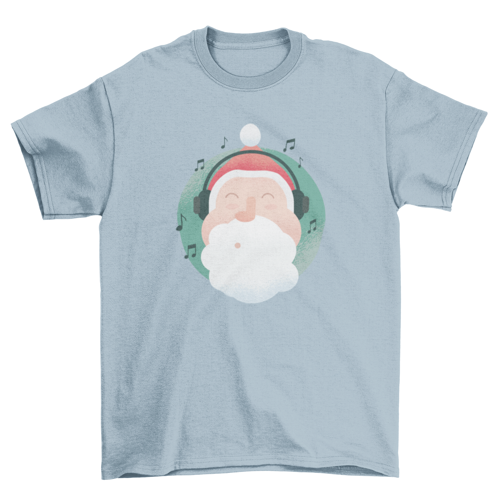 A festive t-shirt featuring Santa Claus wearing a headset, surrounded by musical notes, perfect for holiday celebrations.