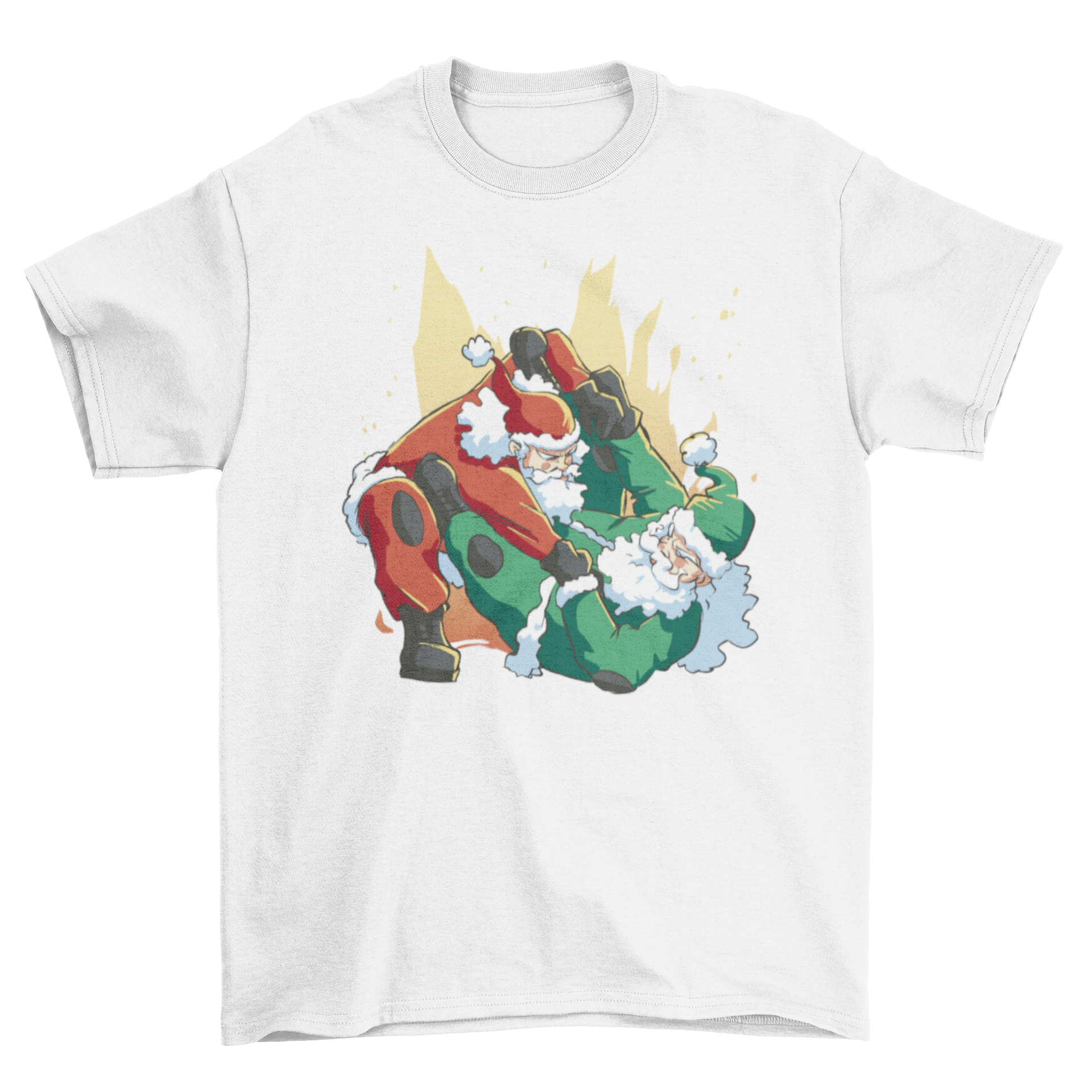 A humorous t-shirt featuring two Santa Claus characters playfully fighting in a jiu-jitsu match, perfect for Christmas celebrations.