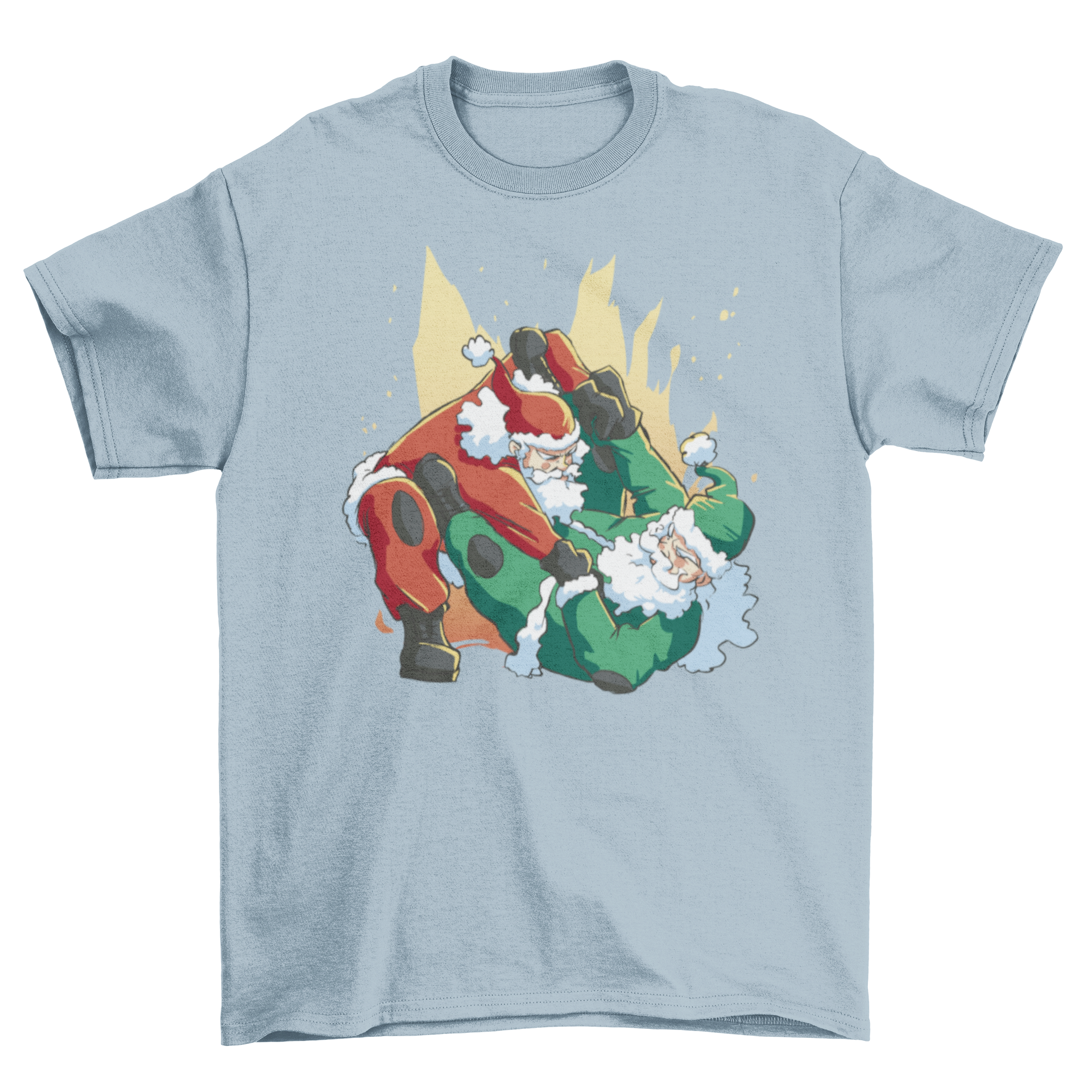 A humorous t-shirt featuring two Santa Claus characters playfully fighting in a jiu-jitsu match, perfect for Christmas celebrations.