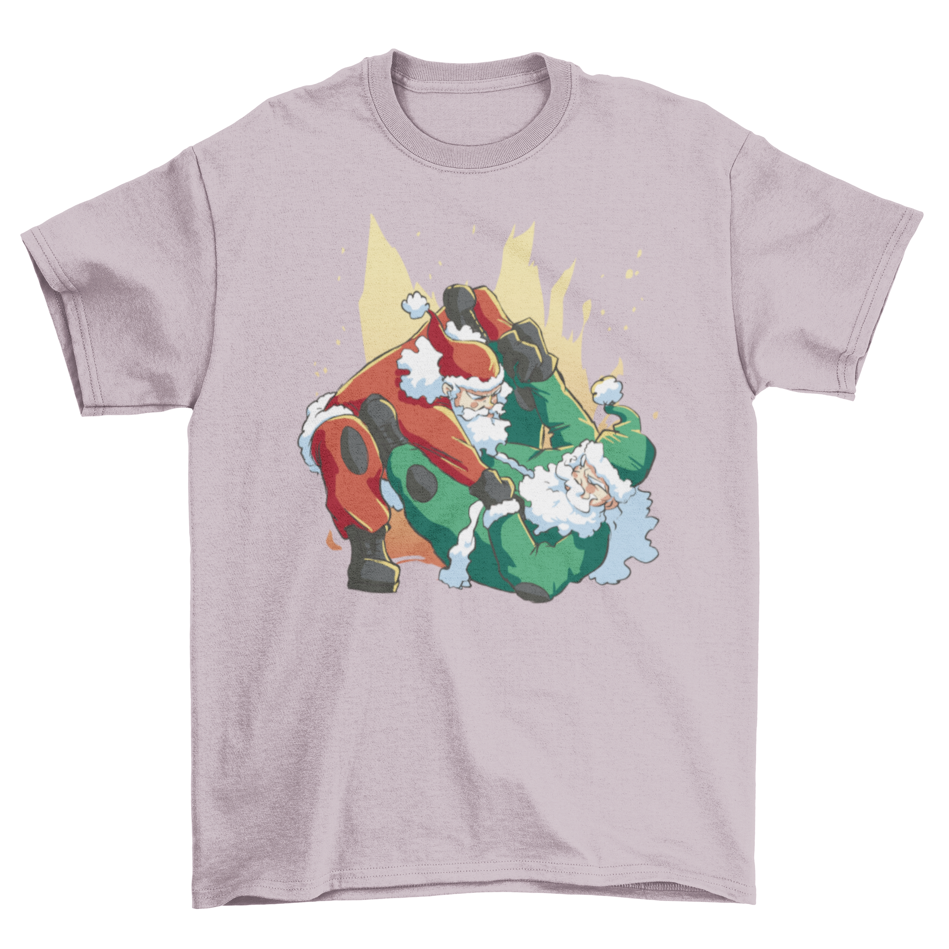 A humorous t-shirt featuring two Santa Claus characters playfully fighting in a jiu-jitsu match, perfect for Christmas celebrations.