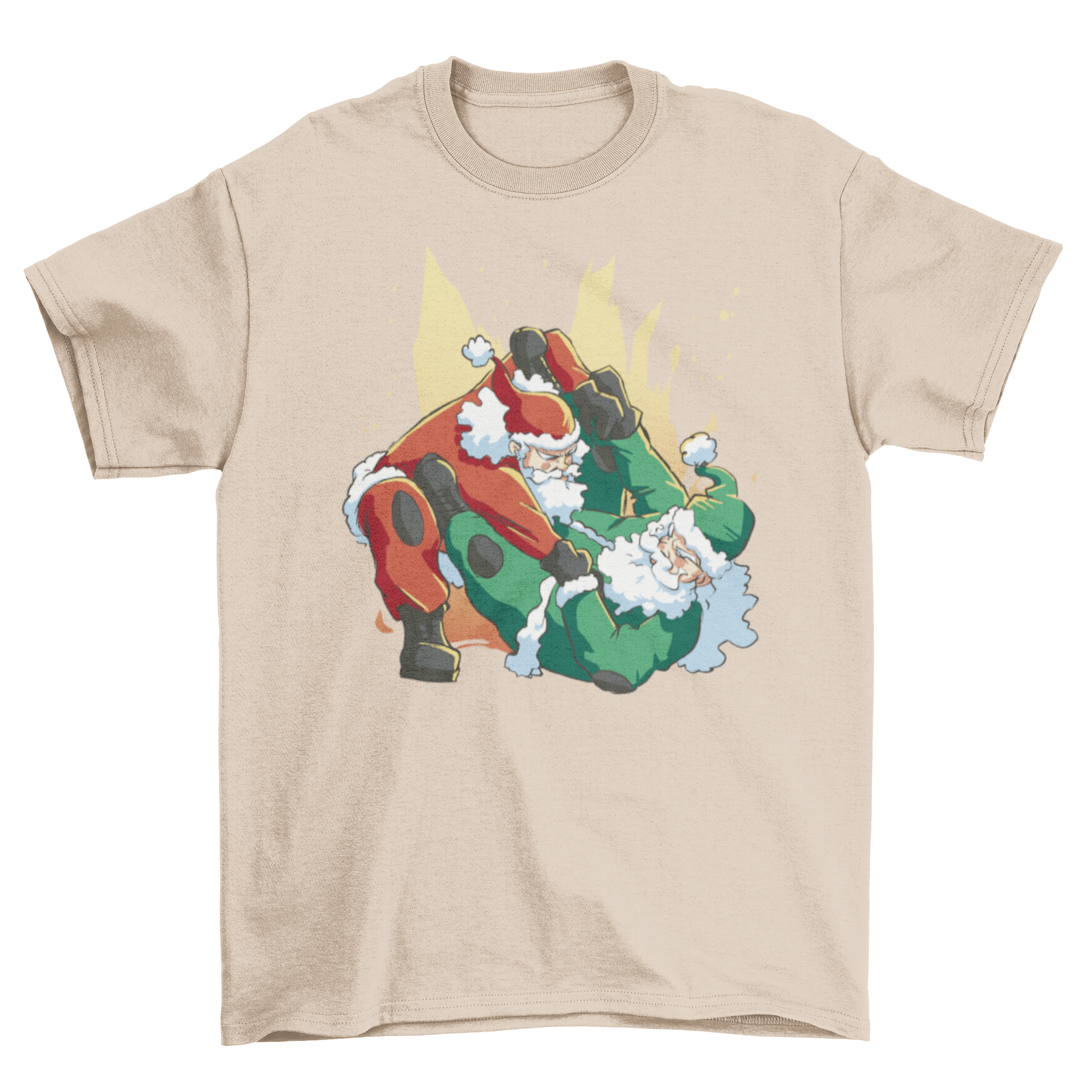 A humorous t-shirt featuring two Santa Claus characters playfully fighting in a jiu-jitsu match, perfect for Christmas celebrations.