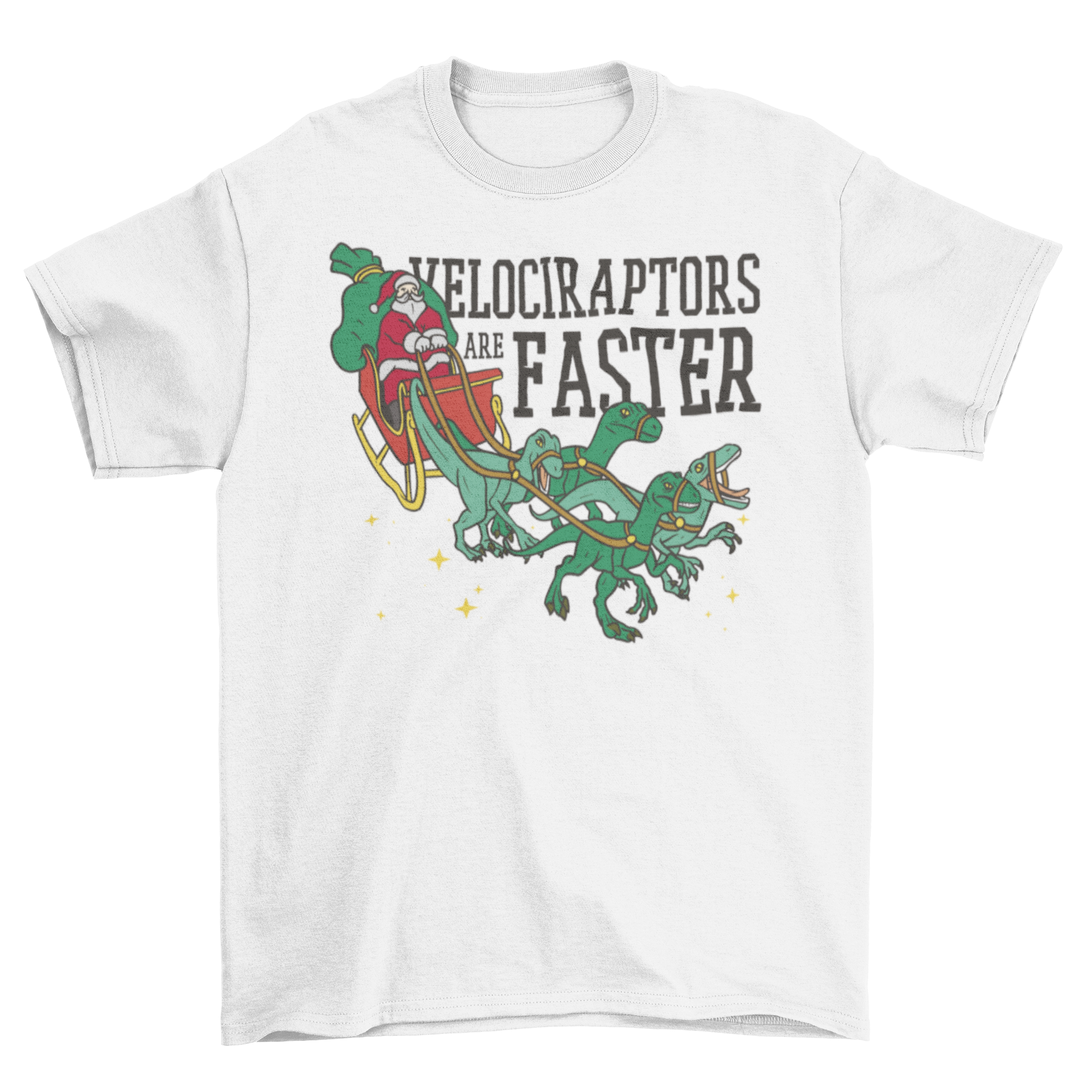 A festive t-shirt featuring Santa Claus driving a sleigh pulled by velociraptors with the quote 'Velociraptors are faster'.