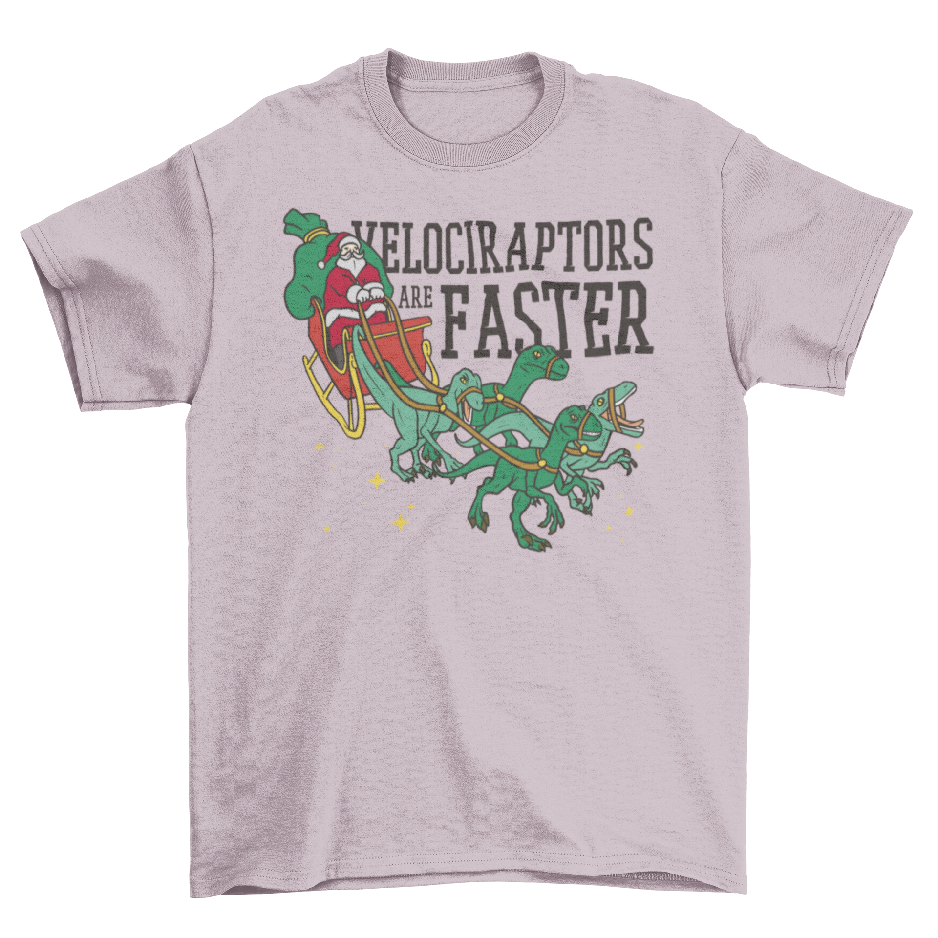 A festive t-shirt featuring Santa Claus driving a sleigh pulled by velociraptors with the quote 'Velociraptors are faster'.