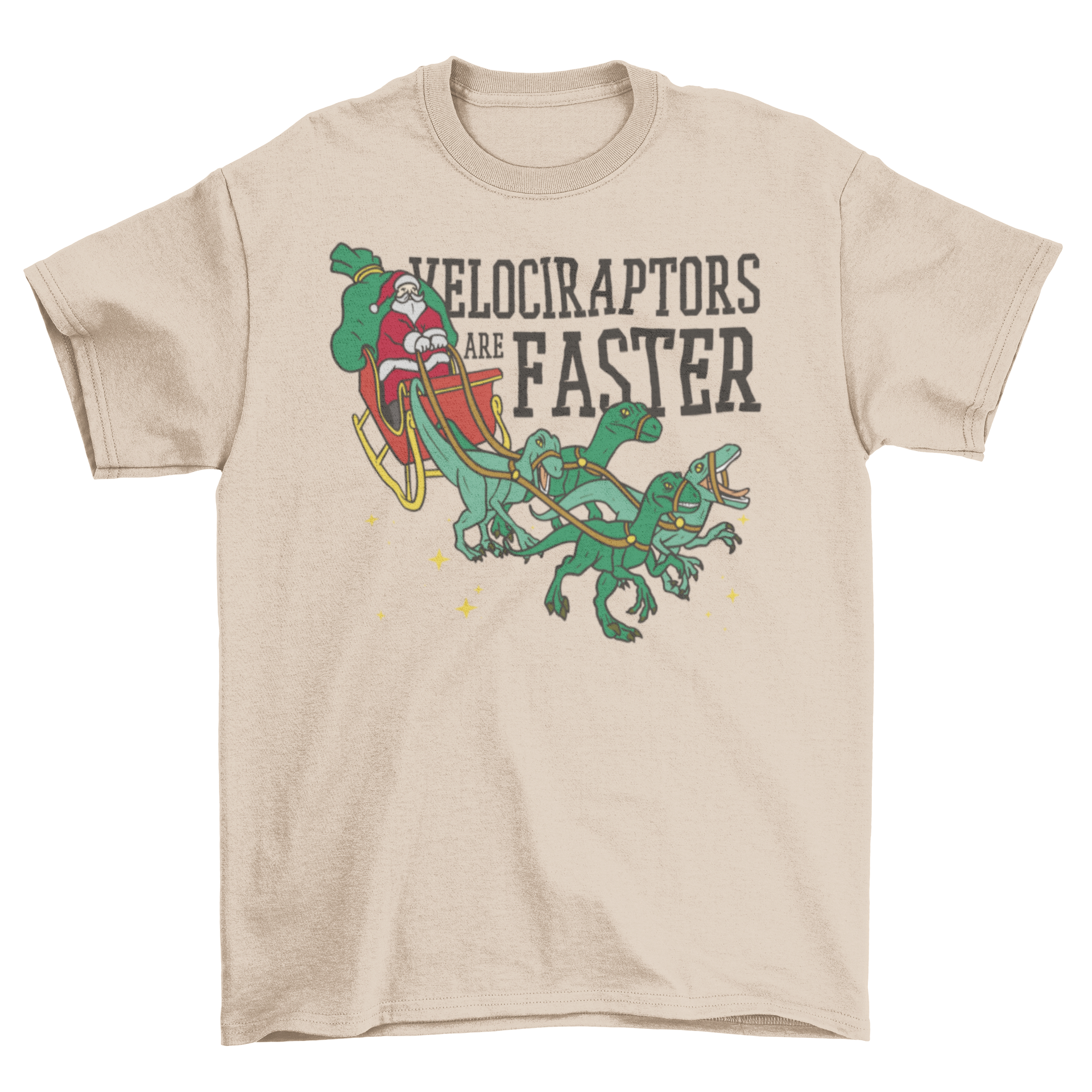 A festive t-shirt featuring Santa Claus driving a sleigh pulled by velociraptors with the quote 'Velociraptors are faster'.