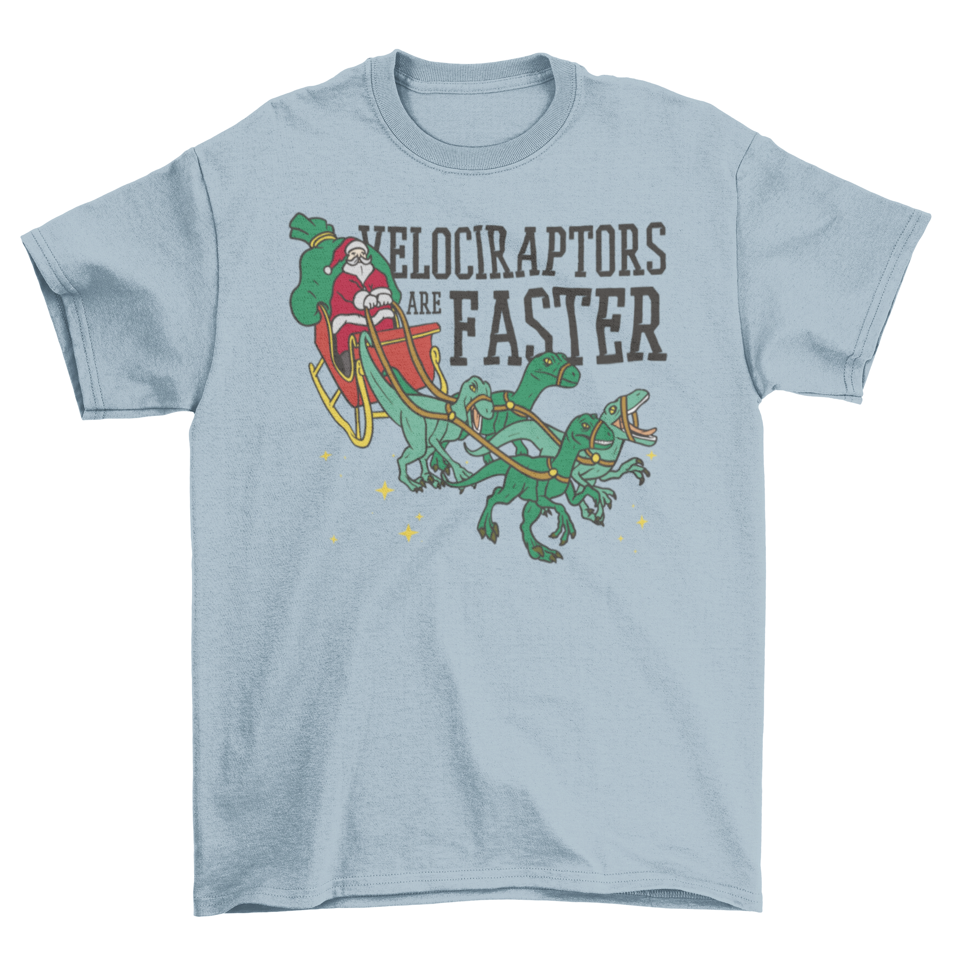 A festive t-shirt featuring Santa Claus driving a sleigh pulled by velociraptors with the quote 'Velociraptors are faster'.