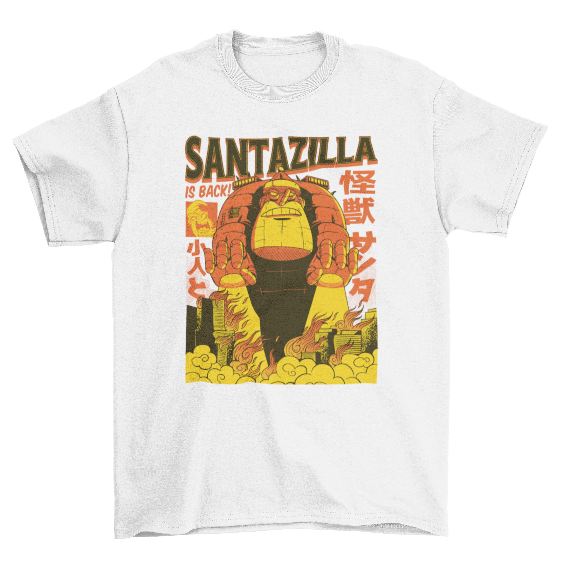 A festive t-shirt featuring Santa Claus as Godzilla with the quote 'Santazilla is back', perfect for holiday celebrations.