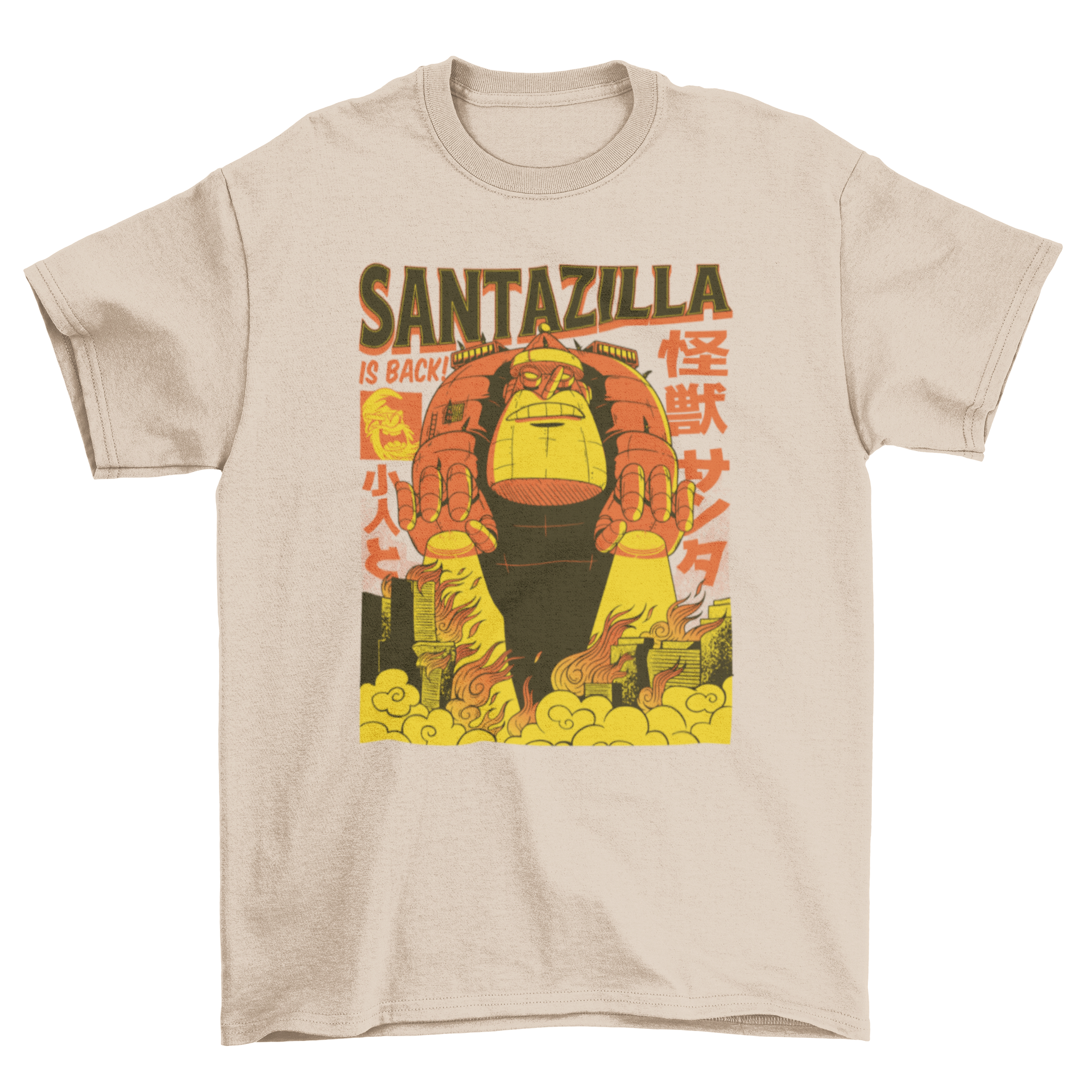 A festive t-shirt featuring Santa Claus as Godzilla with the quote 'Santazilla is back', perfect for holiday celebrations.