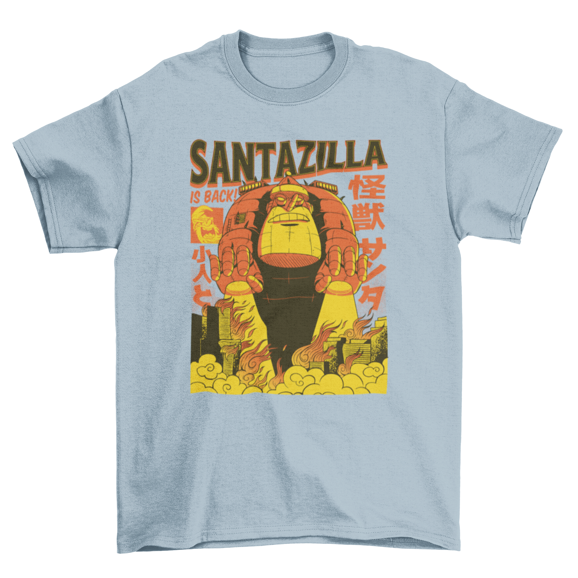 A festive t-shirt featuring Santa Claus as Godzilla with the quote 'Santazilla is back', perfect for holiday celebrations.