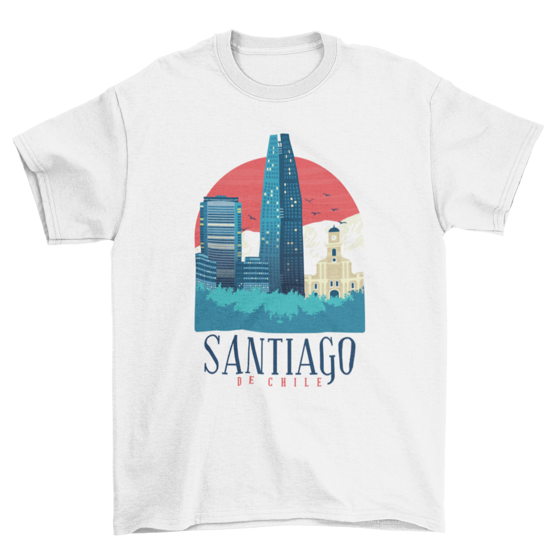 Illustrated t-shirt featuring the skyline of Santiago de Chile with iconic buildings.