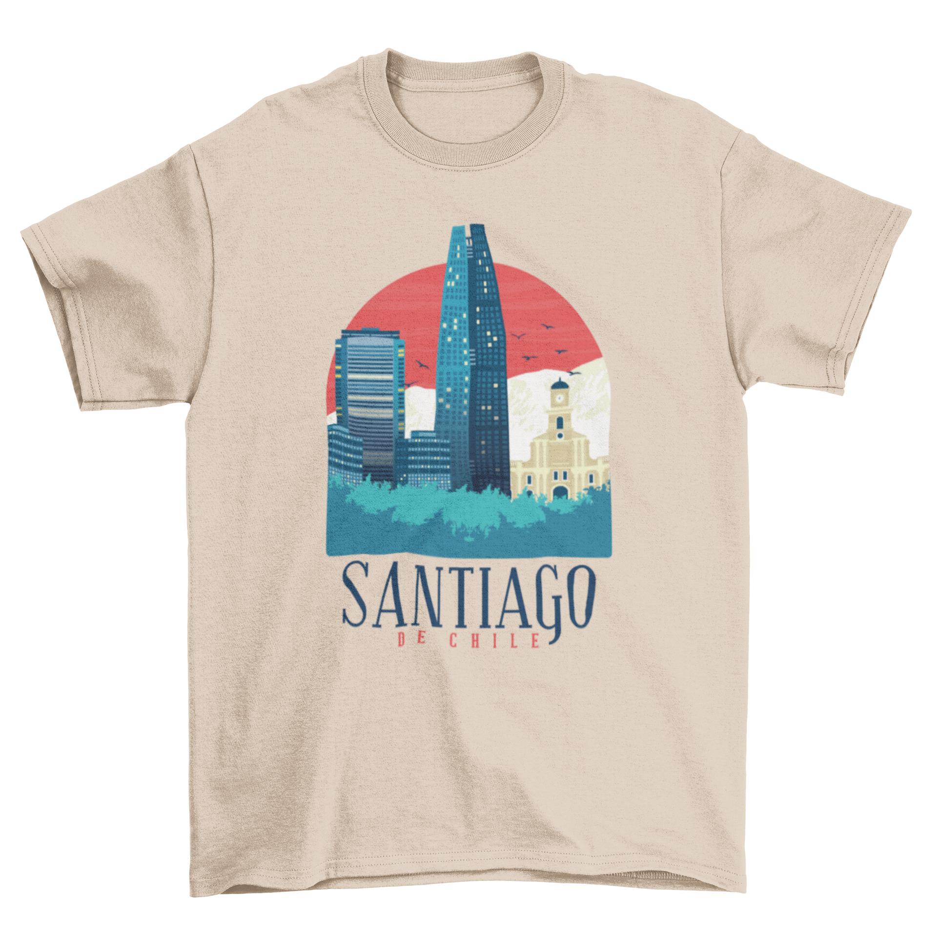 Illustrated t-shirt featuring the skyline of Santiago de Chile with iconic buildings.