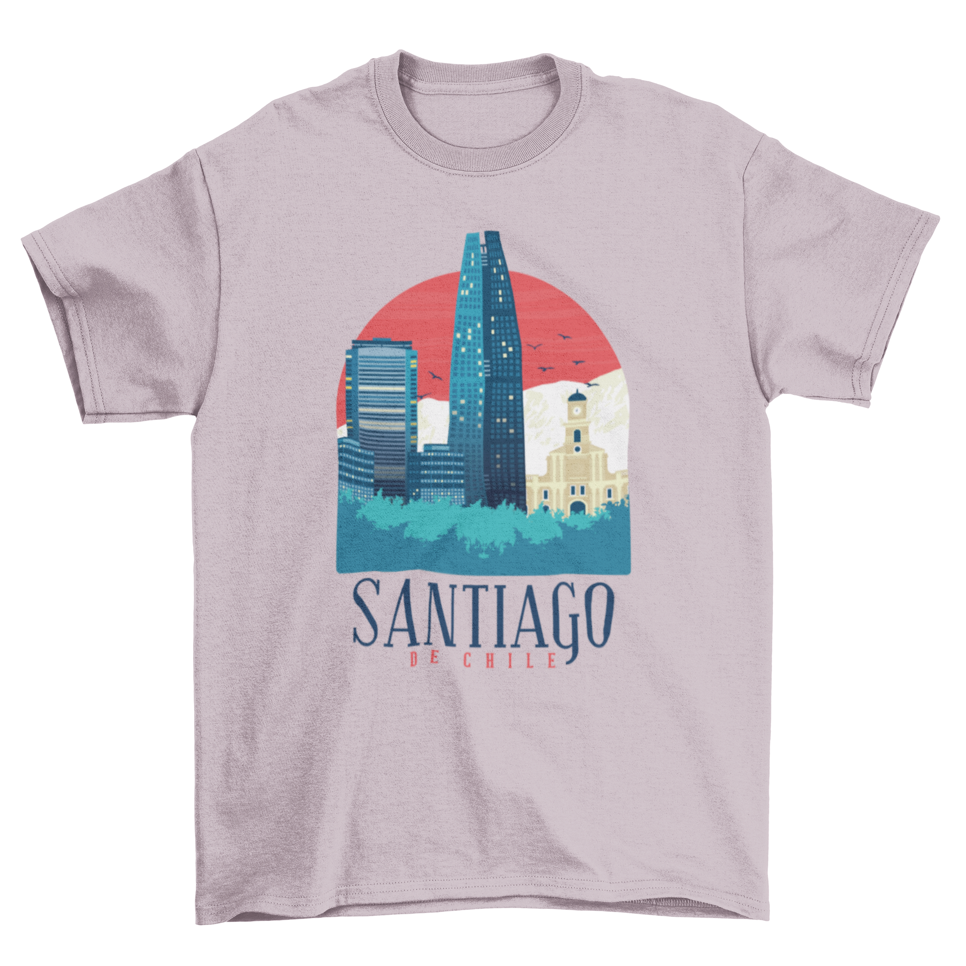 Illustrated t-shirt featuring the skyline of Santiago de Chile with iconic buildings.