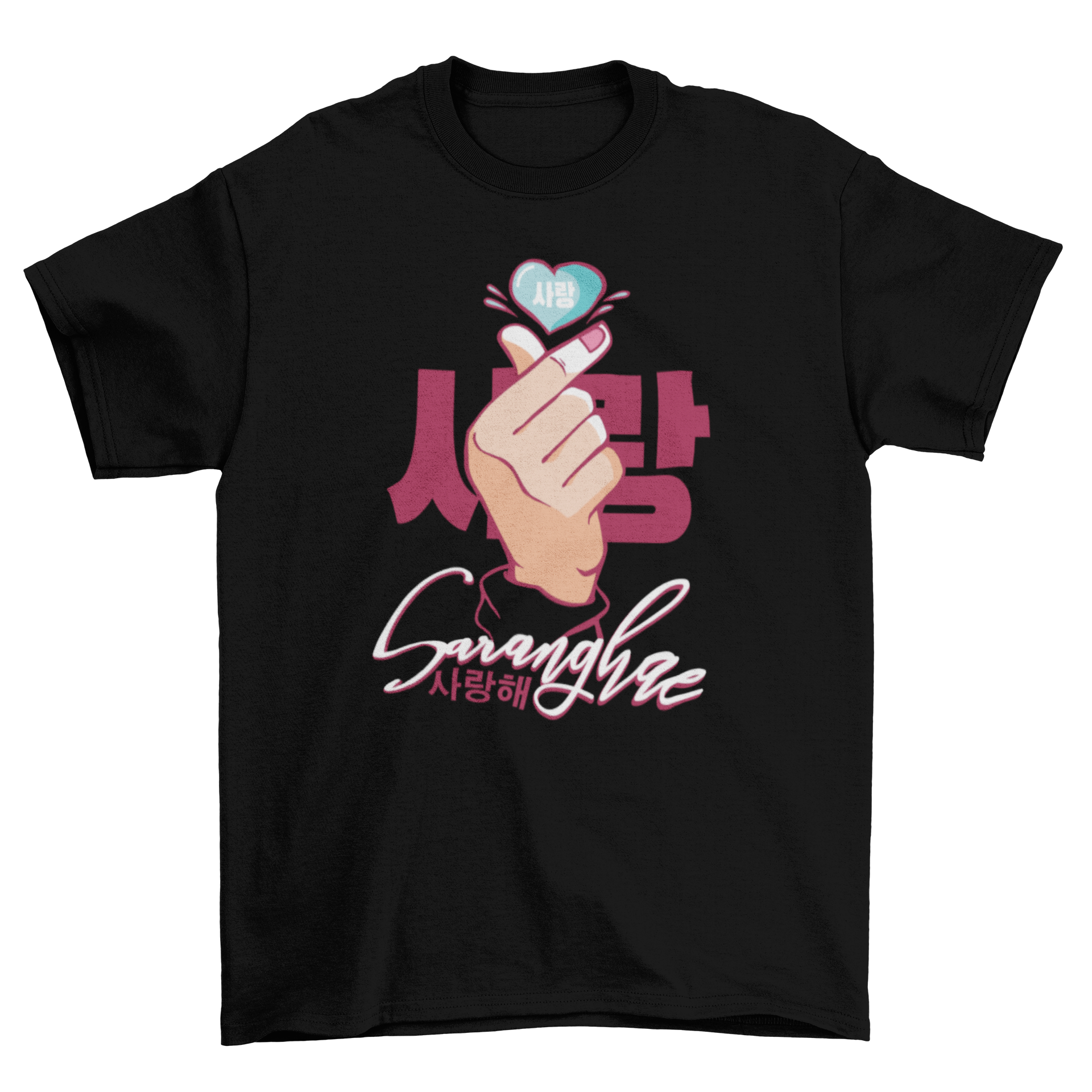 Saranghae Love T-shirt featuring a heart design and Korean text 'Saranghae' meaning 'I Love You'.