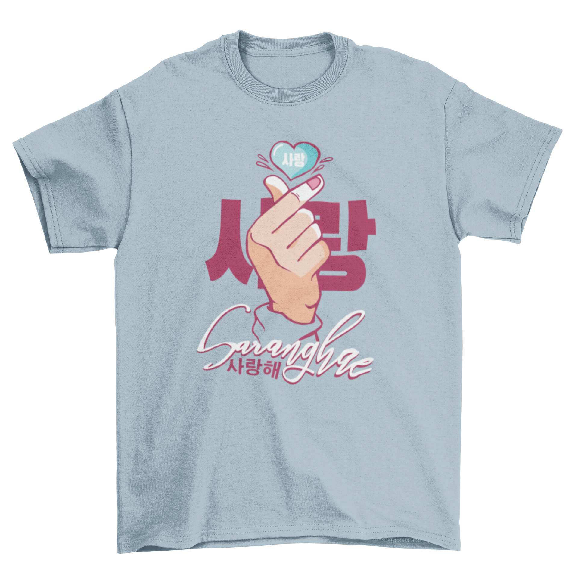 Saranghae Love T-shirt featuring a heart design and Korean text 'Saranghae' meaning 'I Love You'.