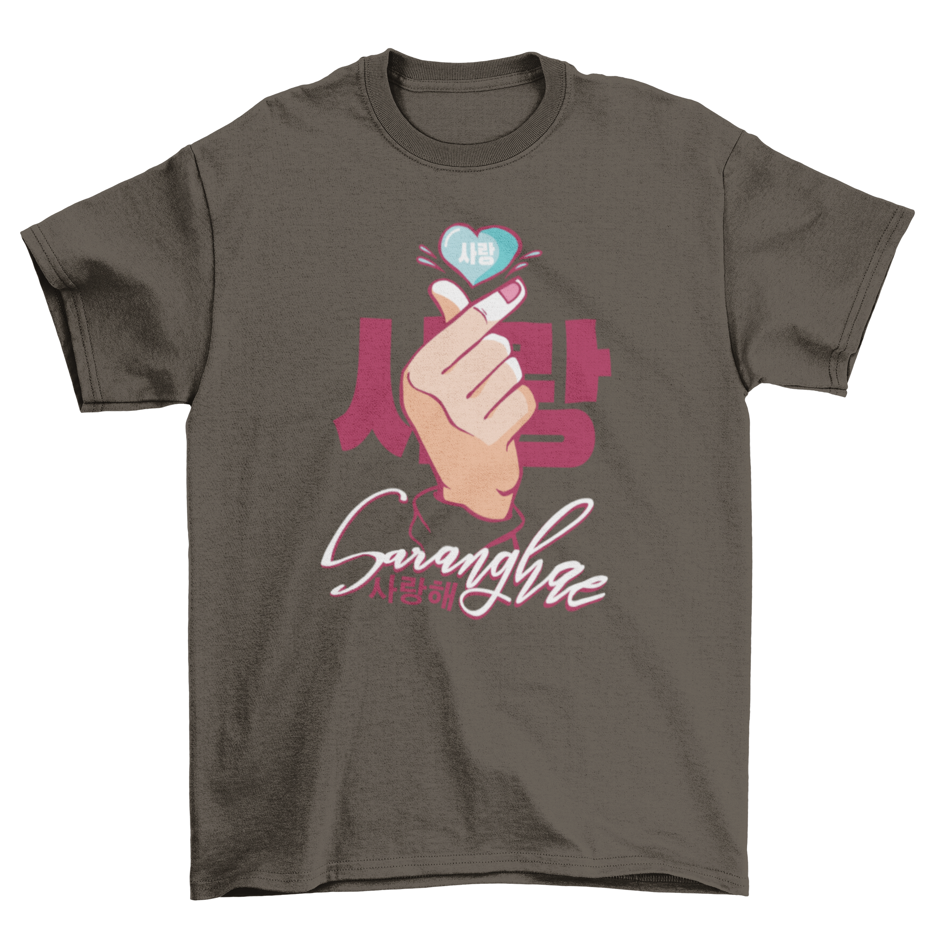 Saranghae Love T-shirt featuring a heart design and Korean text 'Saranghae' meaning 'I Love You'.