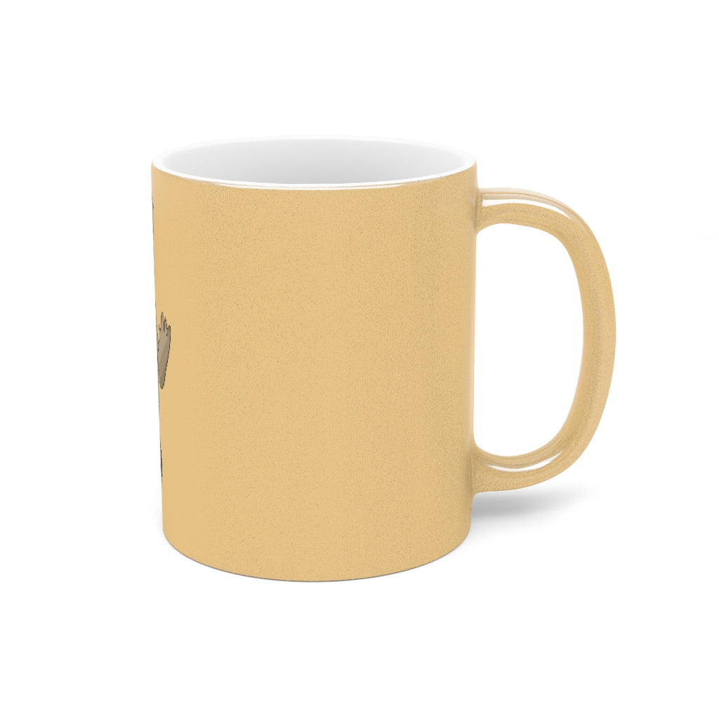 Sarcoot Metallic Mug in Gold and Silver finishes, showcasing personalized designs on a ceramic body with a C-handle.