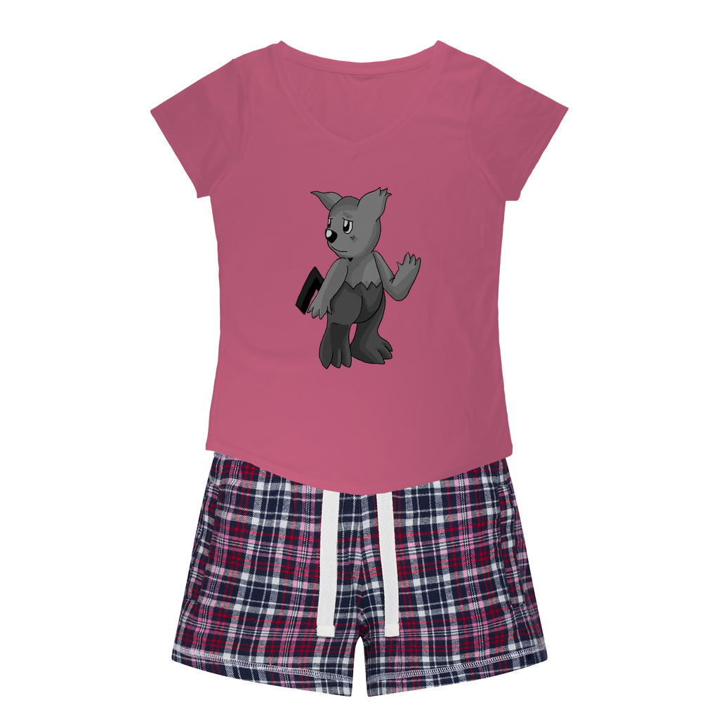 Sarcoot Women's Sleepy Tee and Flannel Short set featuring a relaxed fit T-shirt and vibrant flannel shorts, perfect for cozy nights.