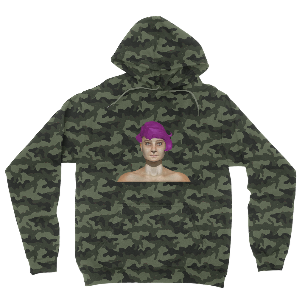 Sarlotta Camouflage Adult Hoodie featuring a classic camo print, double fabric hood, and kangaroo pouch pocket.