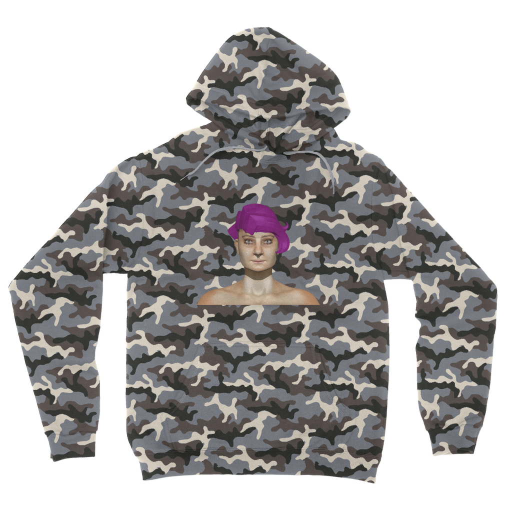 Sarlotta Camouflage Adult Hoodie featuring a classic camo print, double fabric hood, and kangaroo pouch pocket.