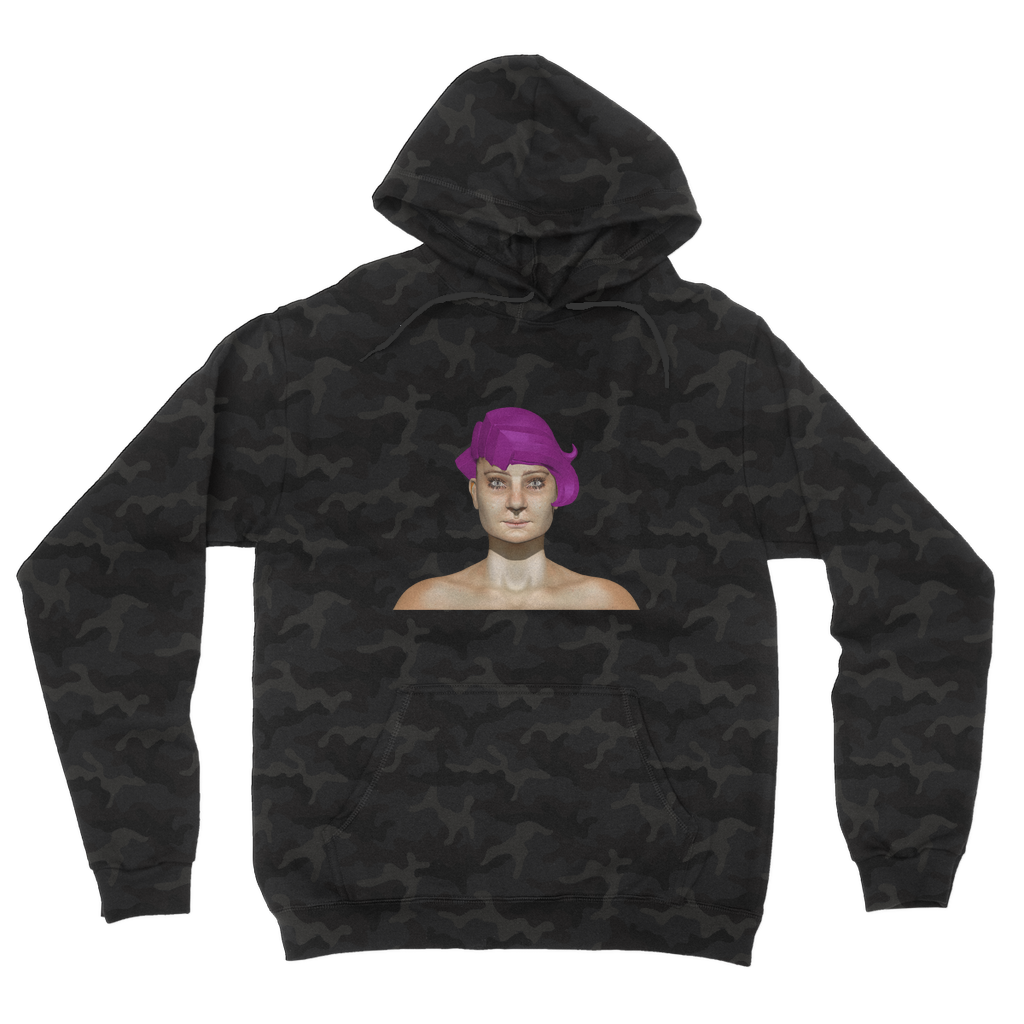 Sarlotta Camouflage Adult Hoodie featuring a classic camo print, double fabric hood, and kangaroo pouch pocket.