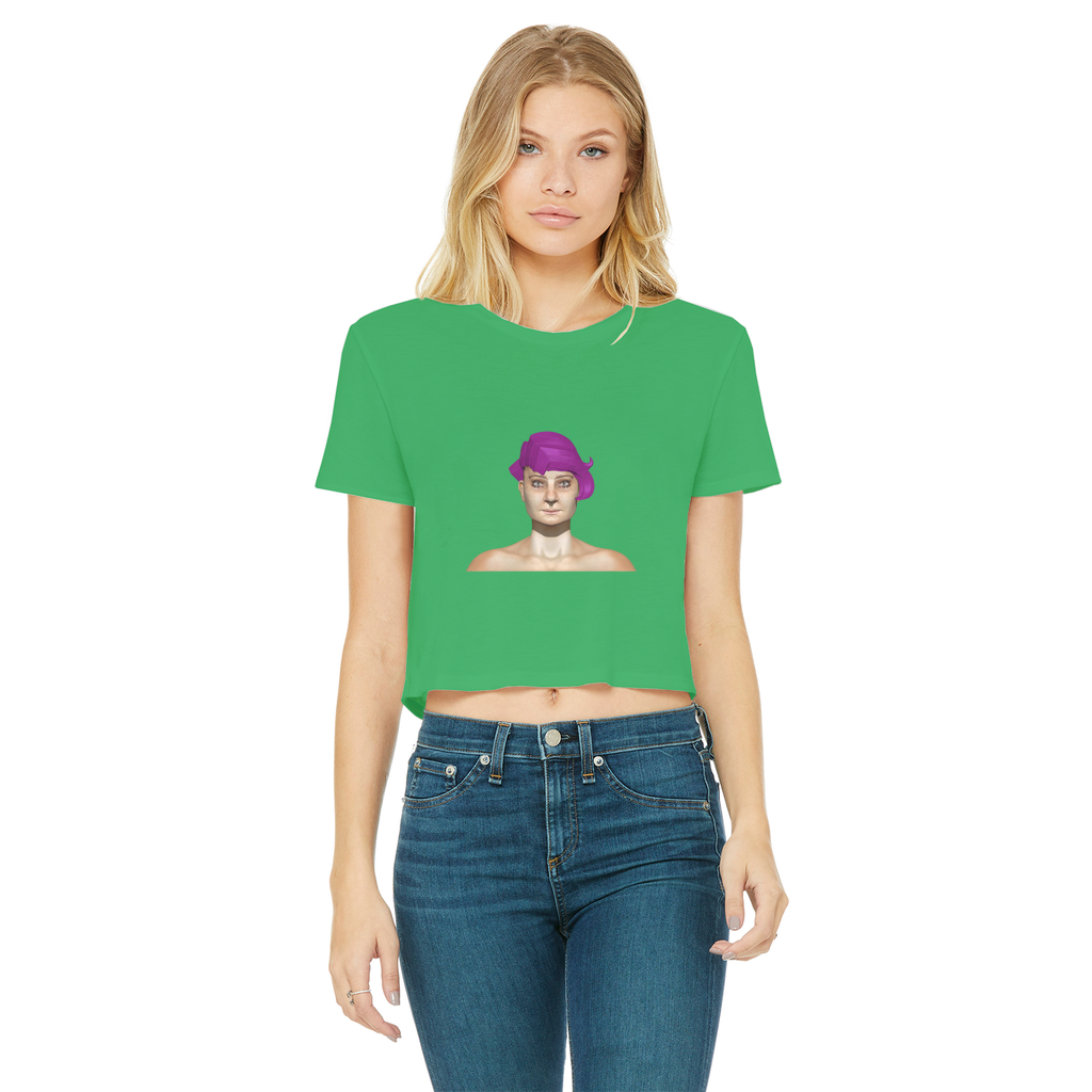 Sarlotta Classic Women's Cropped Raw Edge T-Shirt in various colors with a round neck and raw edge hem.