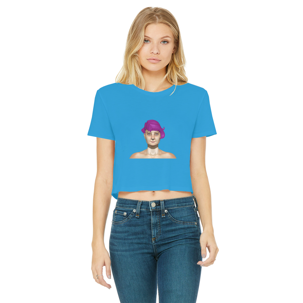 Sarlotta Classic Women's Cropped Raw Edge T-Shirt in various colors with a round neck and raw edge hem.