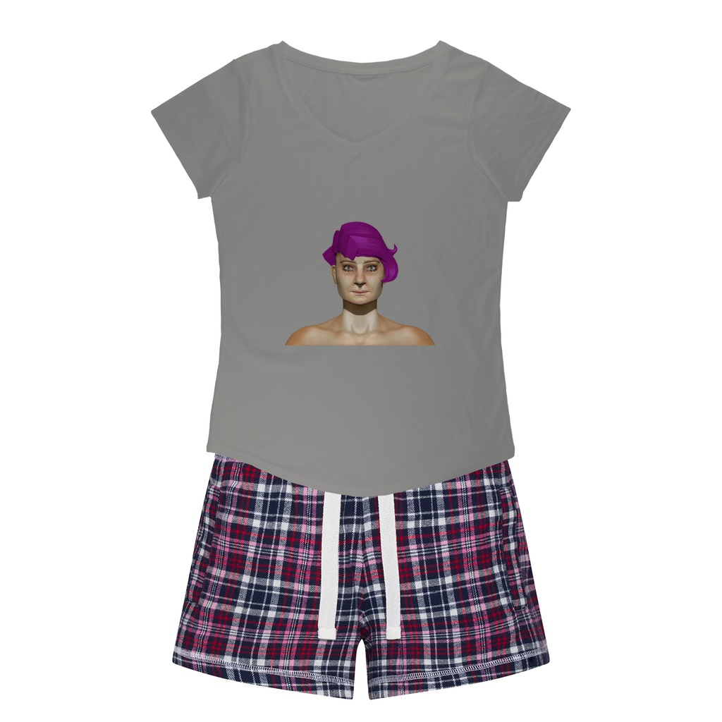 Sarlotta Women's Sleepy Tee and Flannel Short set featuring a relaxed fit T-shirt and vibrant flannel shorts, perfect for cozy nights.