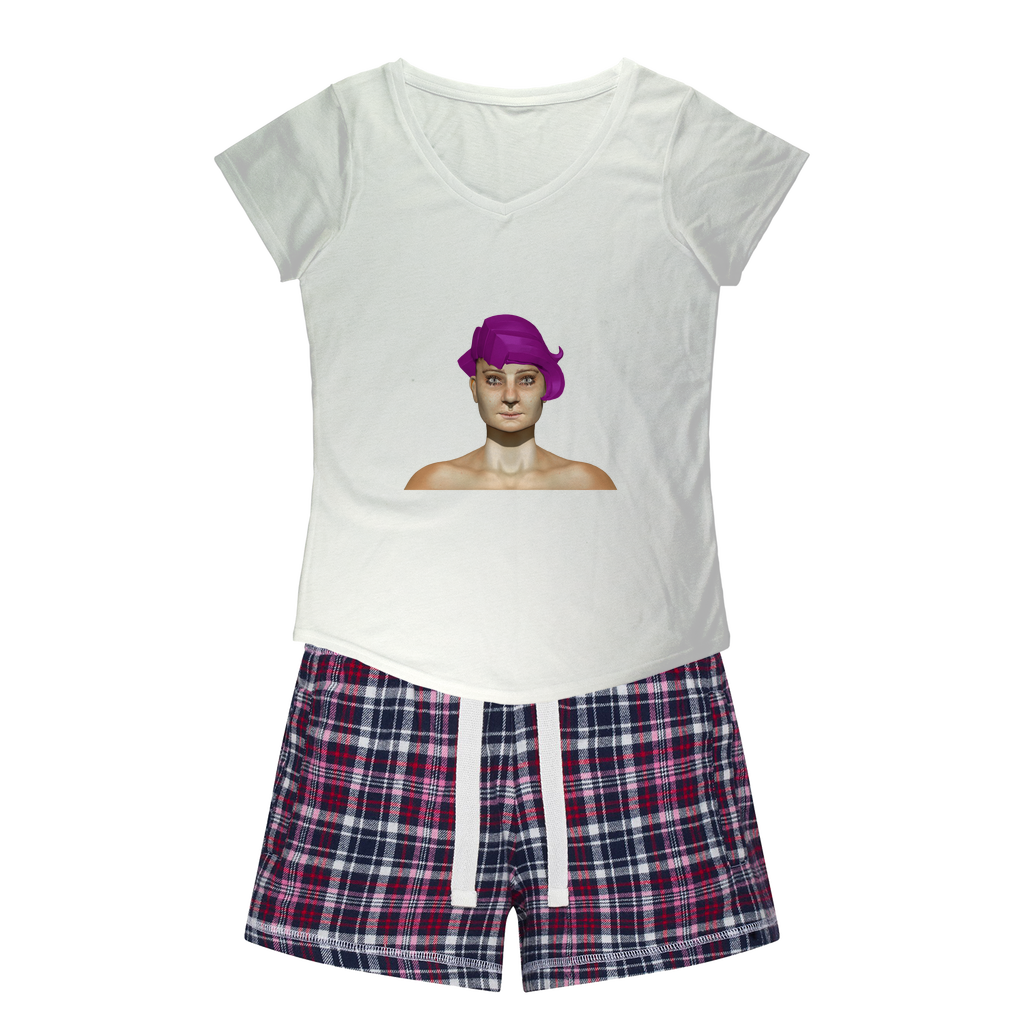 Sarlotta Women's Sleepy Tee and Flannel Short set featuring a relaxed fit T-shirt and vibrant flannel shorts, perfect for cozy nights.